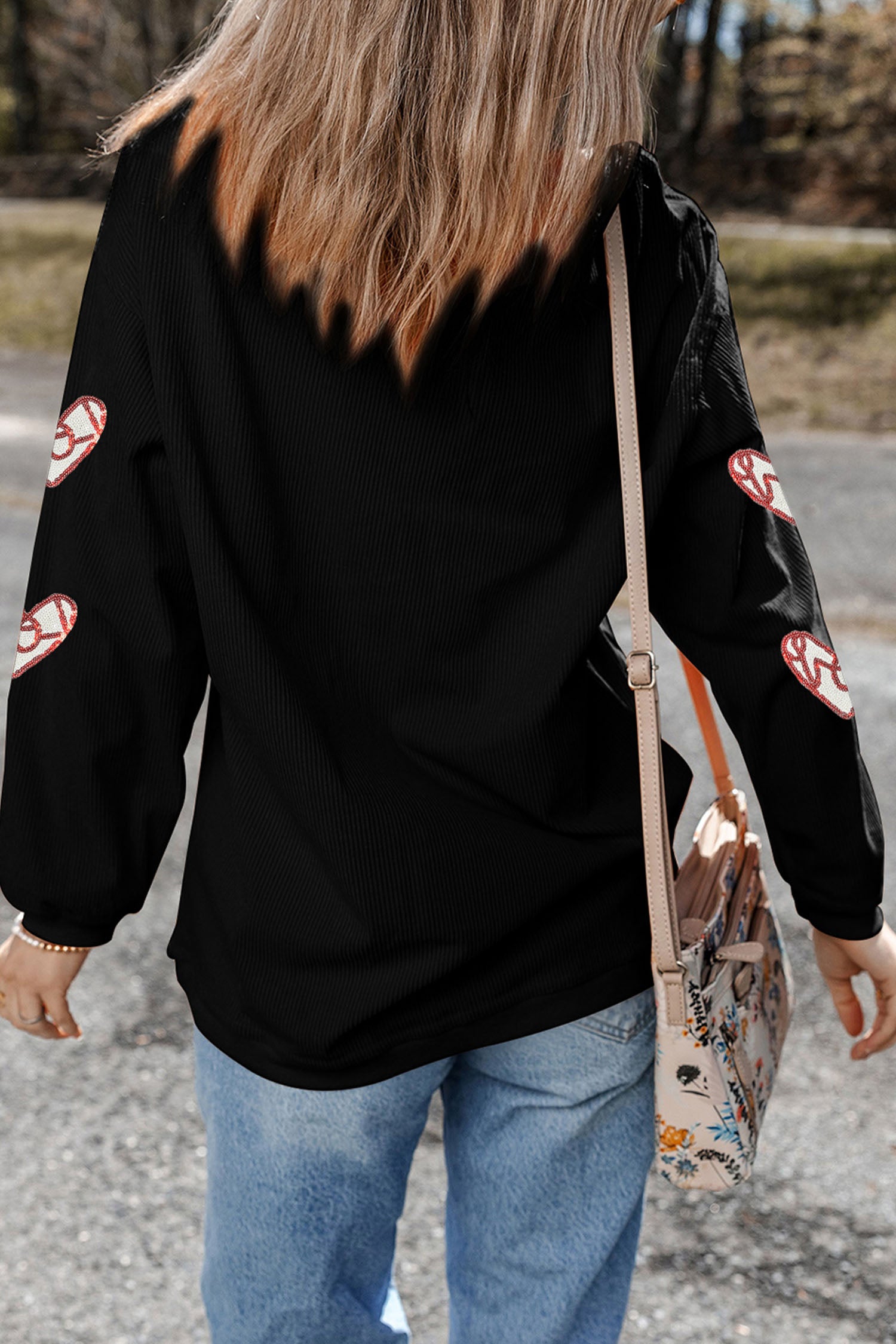 Black Corded Ribbed Love Heart Sequin Patched Graphic Sweatshirt