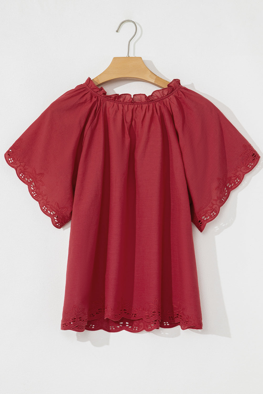 Red Dahlia Floral Embroidered Scallop Trim Short Sleeve V Neck Blouse