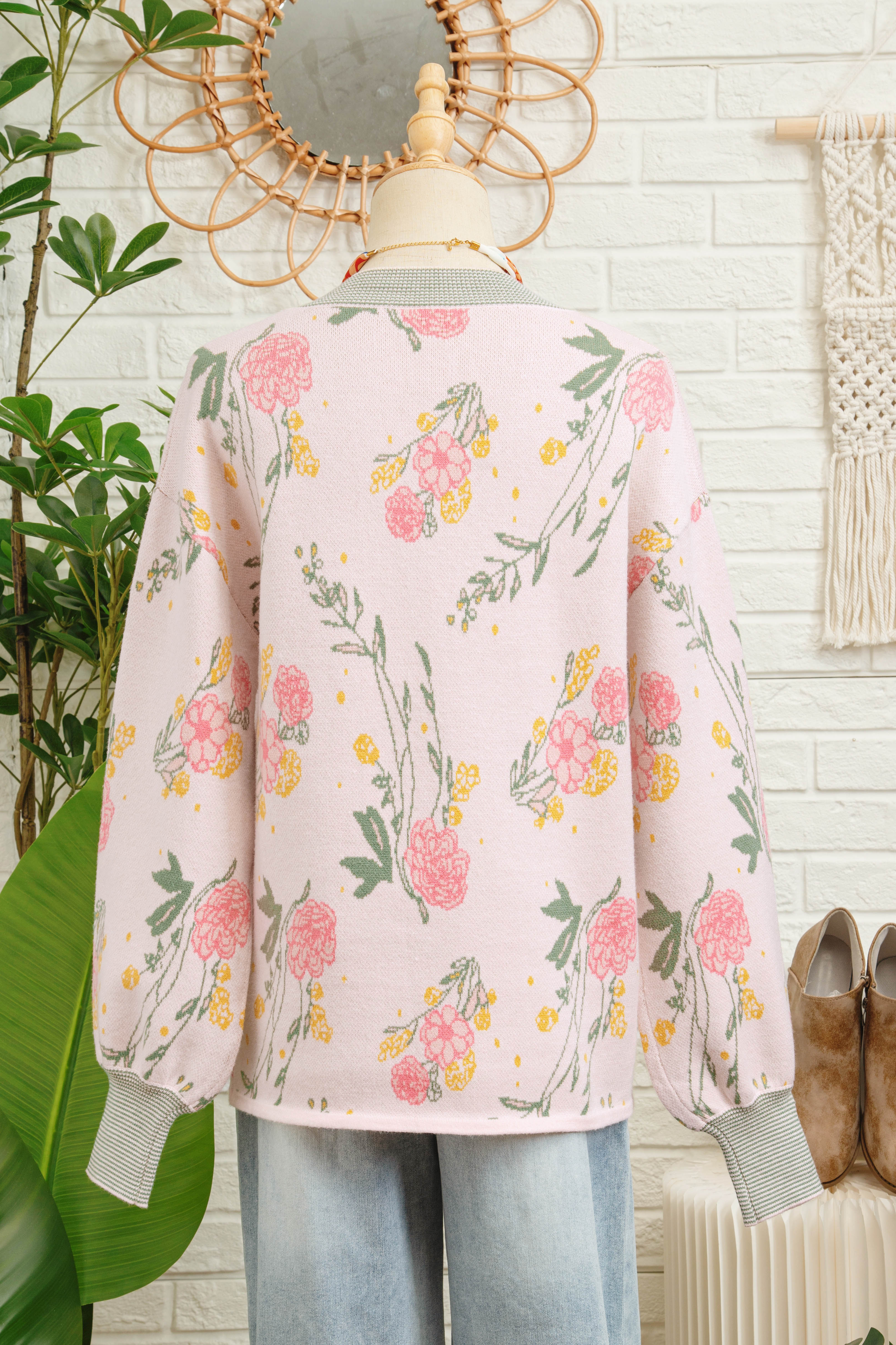 Pink Floral Pattern Striped V Neck Loose Sweater