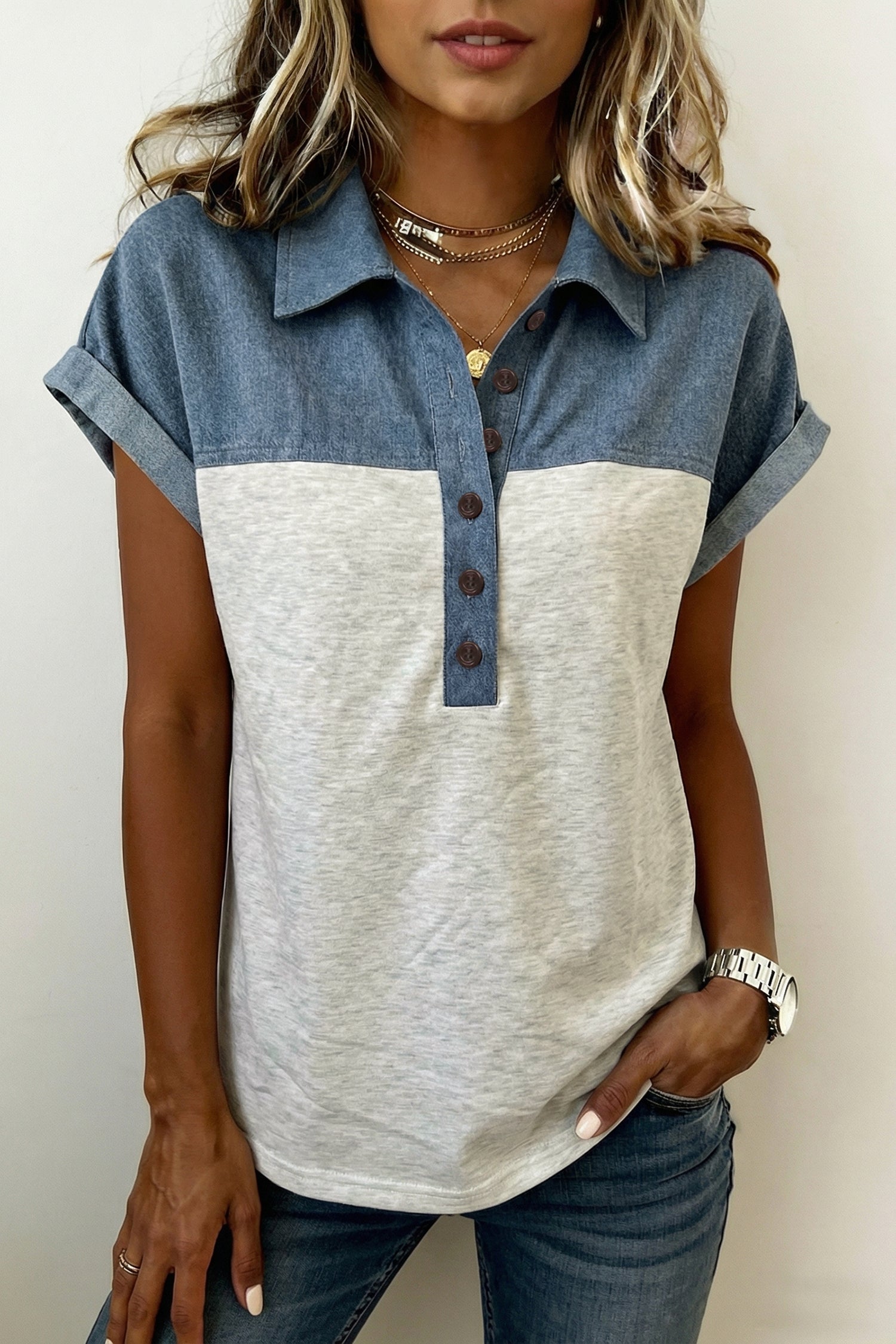 Beige Leopard Patchwork Half Button Short Sleeve Top