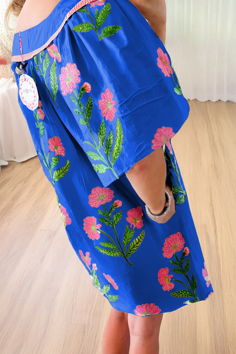 Apricot Floral Short Sleeve Split Neck Loose Mini Dress
