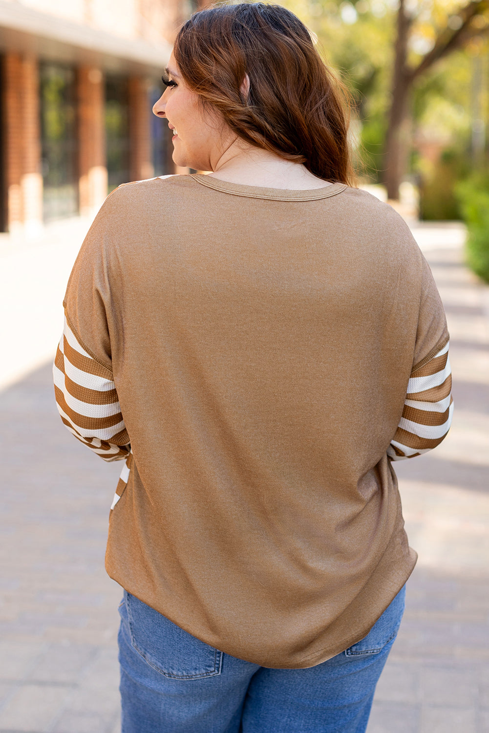 Khaki Checkerboard Striped Patchwork Lantern Sleeve Pocketed Blouse