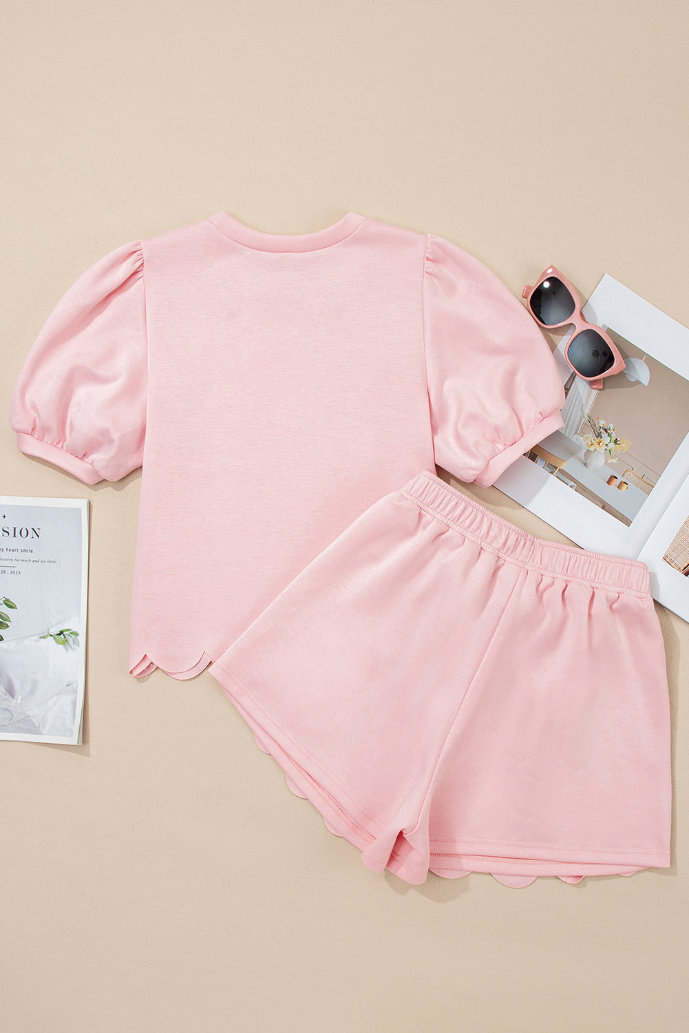 Light Pink Puff Sleeve Pearl Embellished Scallop Trim Top 2 Piece Skort Set