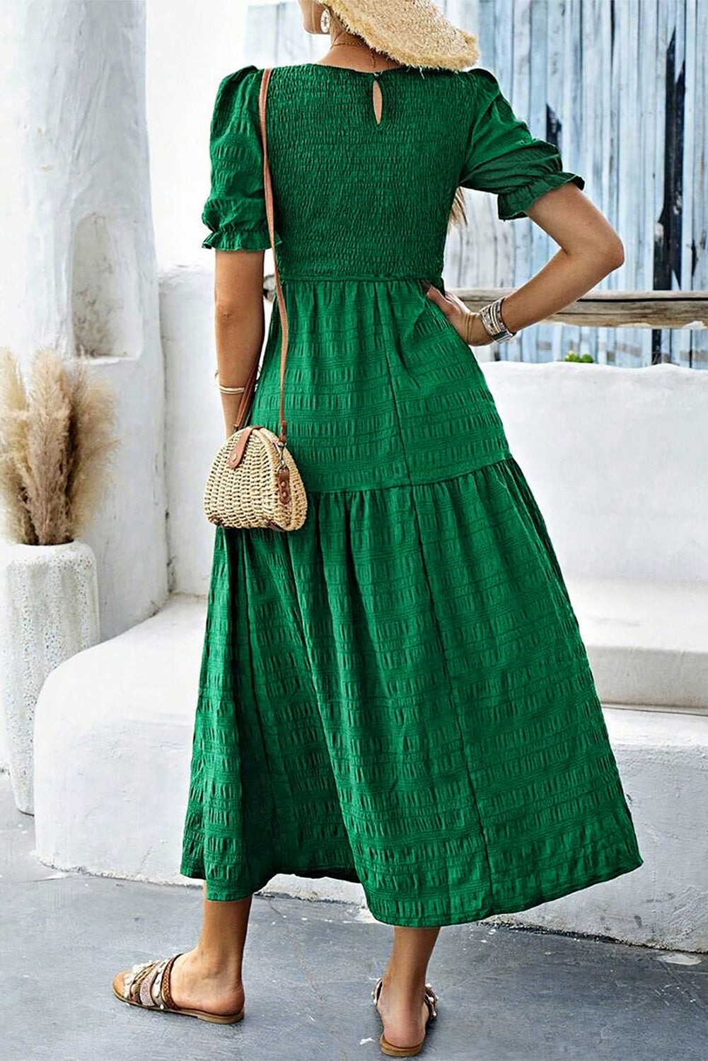 Dark Green Textured Ruffled Sleeve Round Neck Top