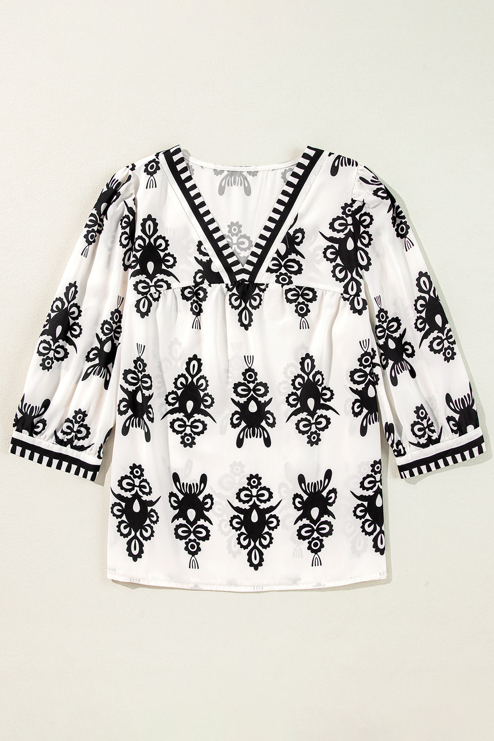 Orange Vintage Geometric Printed 3/4 Sleeve V Neck Blouse