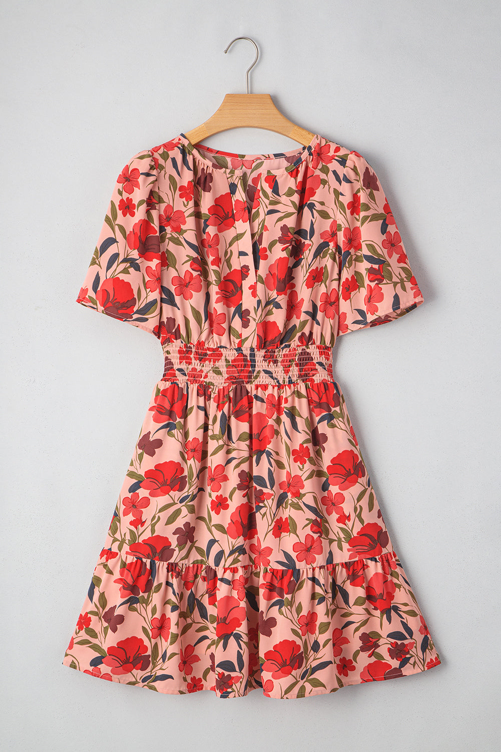 Black Floral Print Wrap V Neck Short Sleeve High Waistband Mini Dress