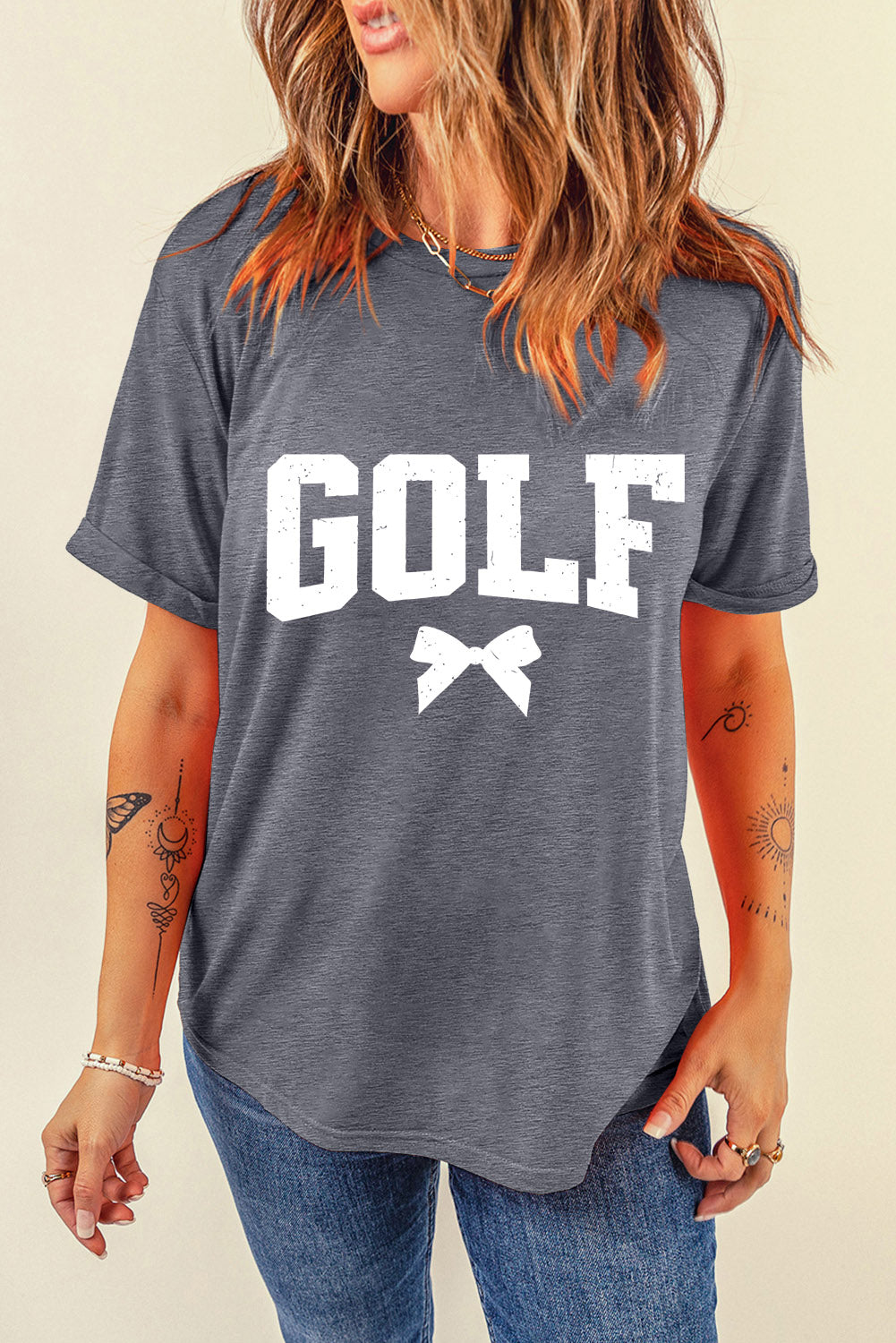 Gray Vintage GOLF Bow Print Casual T Shirt