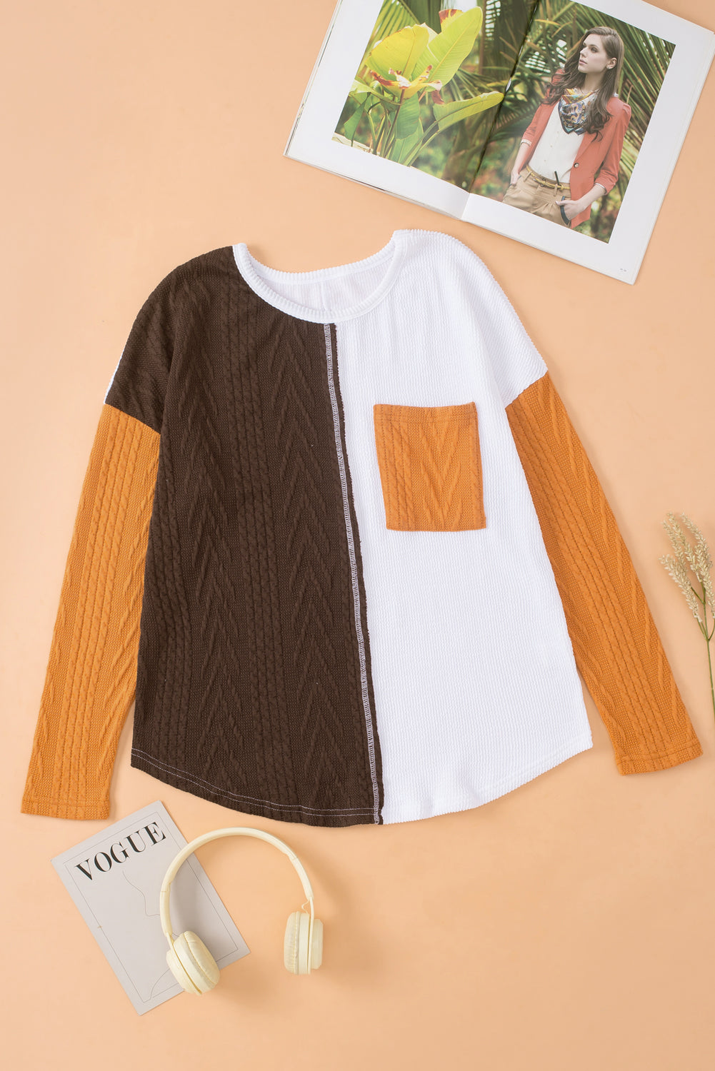 Orange Long Sleeve Colorblock Chest Pocket Textured Knit Top