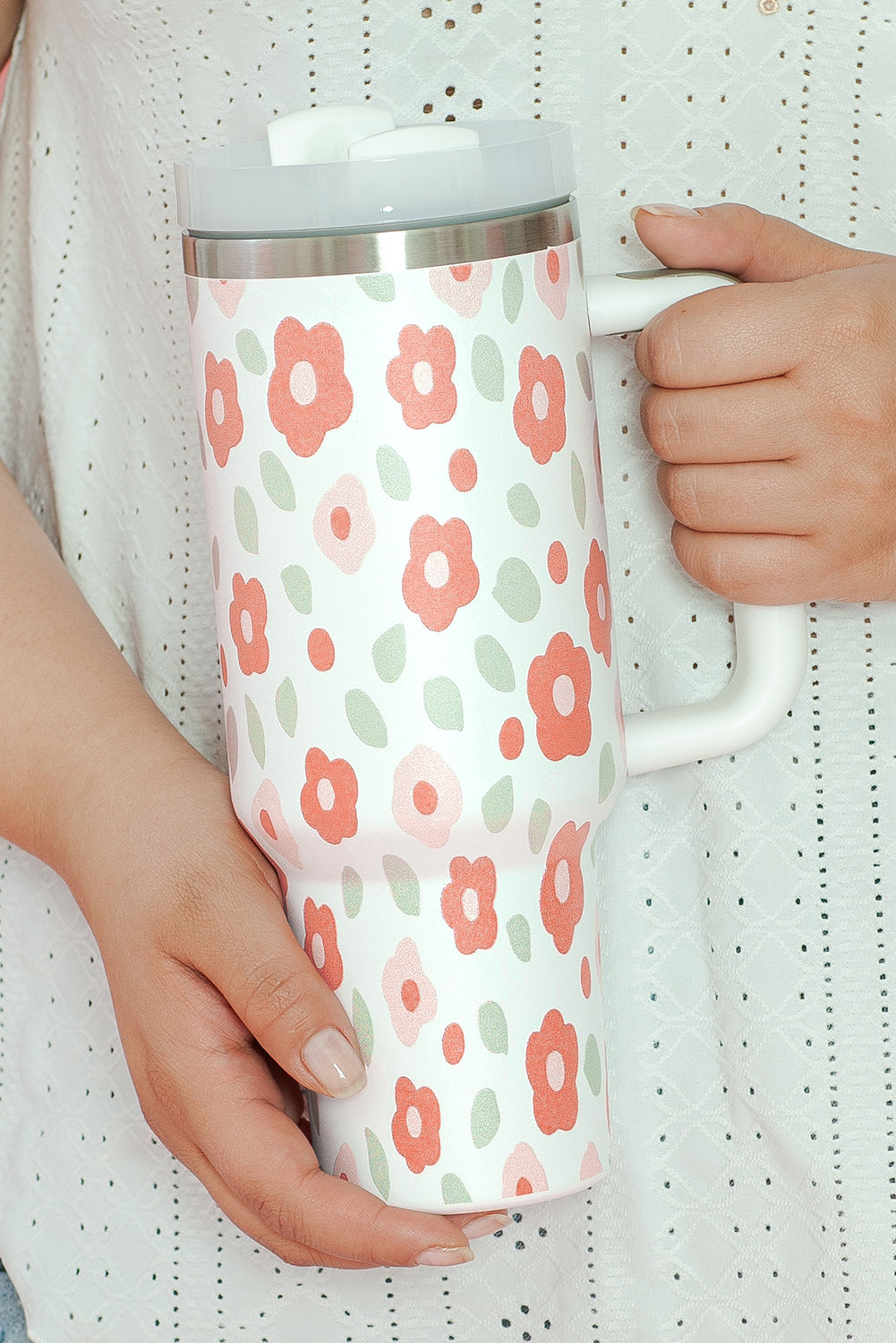 White Floral Leaves Print Stainless Large Portable Cup 40oz