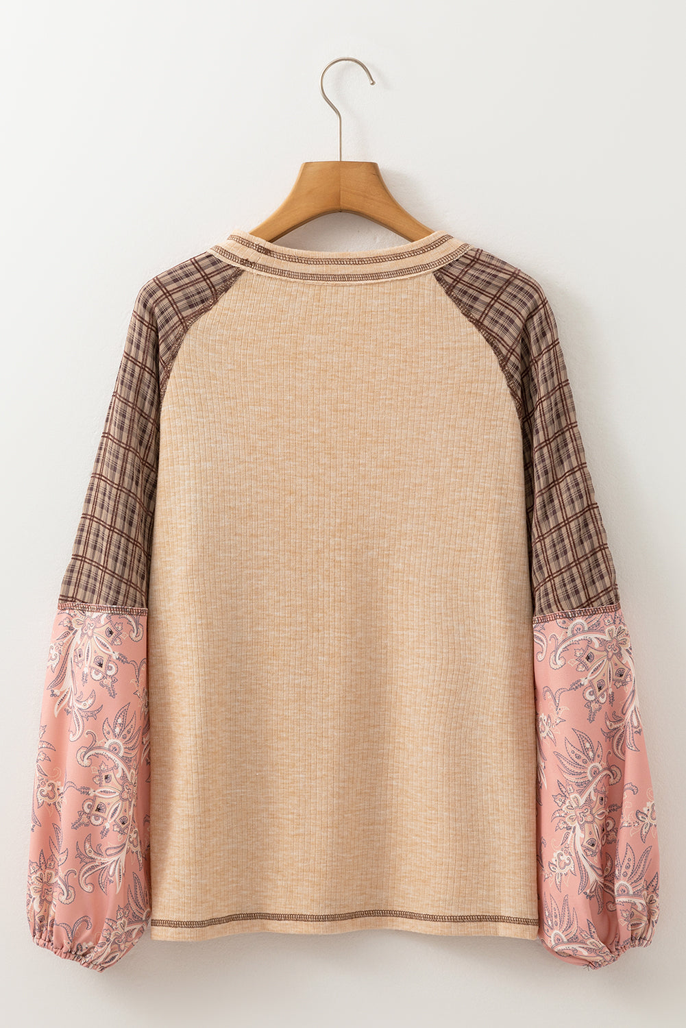 Fushia Mixed Print Raglan Sleeve Ribbed Knit Patchwork Blouse