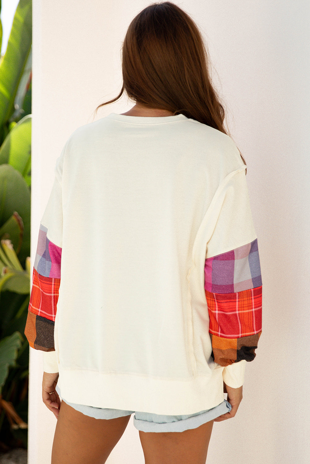 Beige Plus Size Multicolor Plaid Patchwork Sleeve Pullover Top