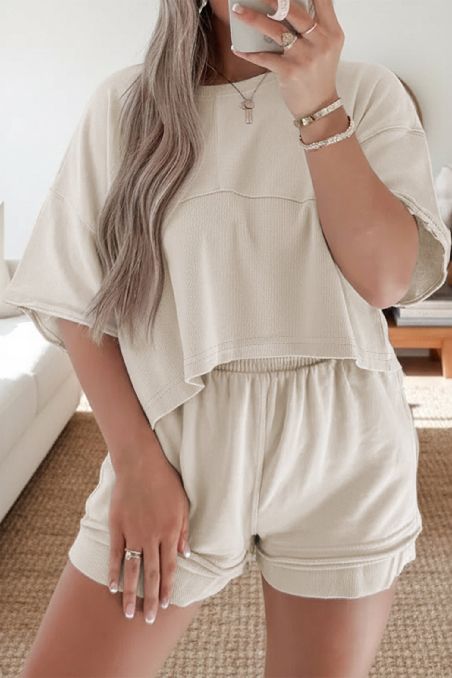 Mist Blue Solid Color Loose Tee Drawstring Wide Leg Pants 2pcs Outfit