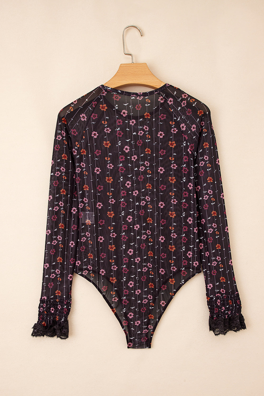 Dear Lover Black Floral Print Smocked Cuff Slim Fit Mesh Bodysuit