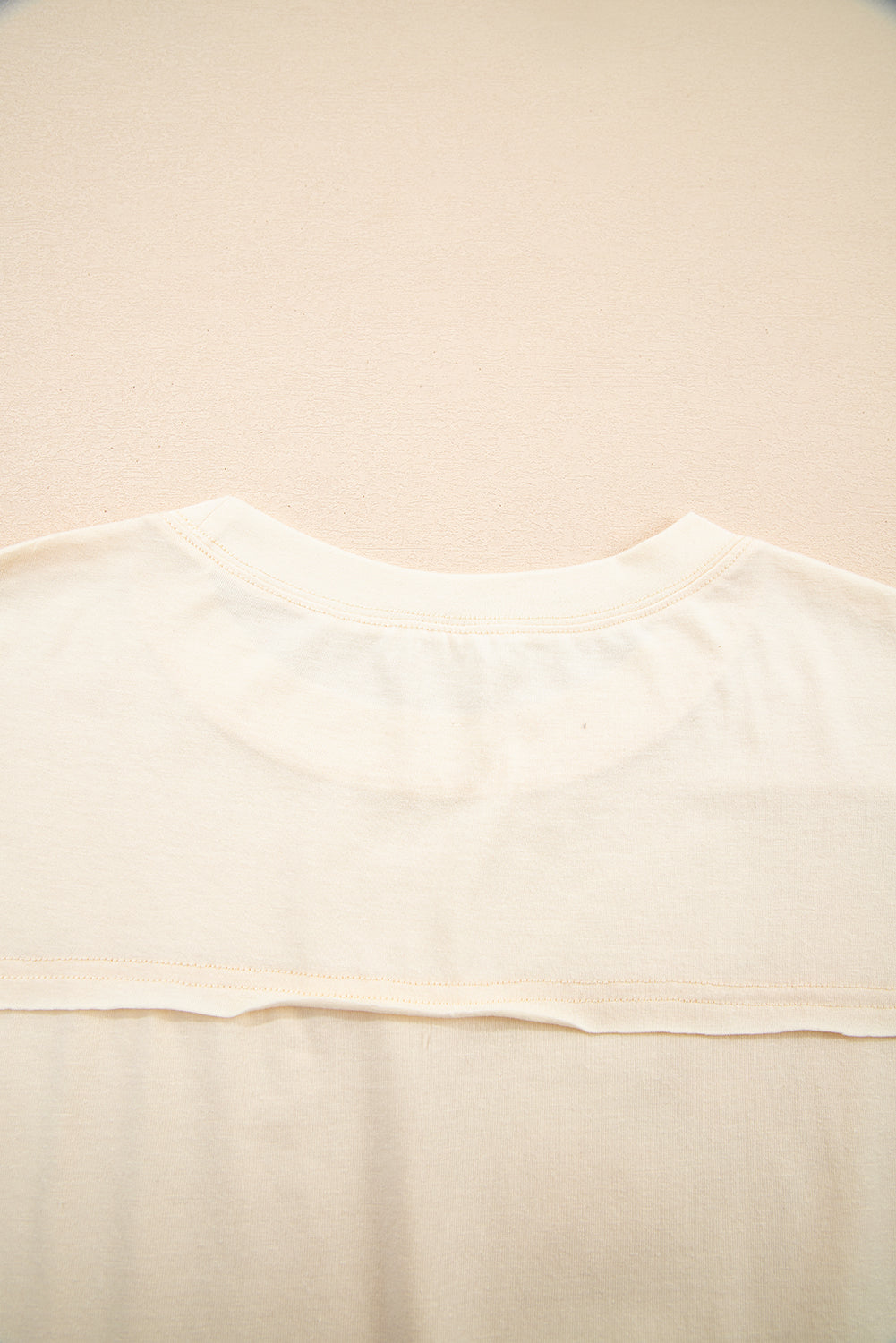 Apricot Flower Patched Exposed Stitching Trim Crew Neck Loose Tee
