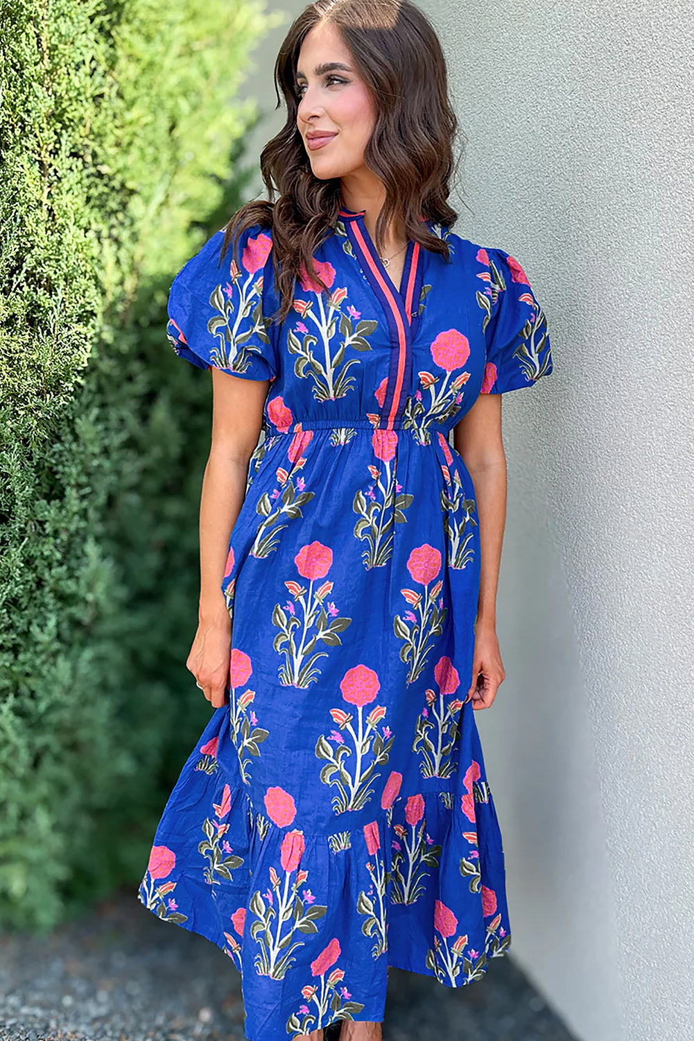 White Floral Puff Short Sleeve V Neck High Waist Maxi Dress