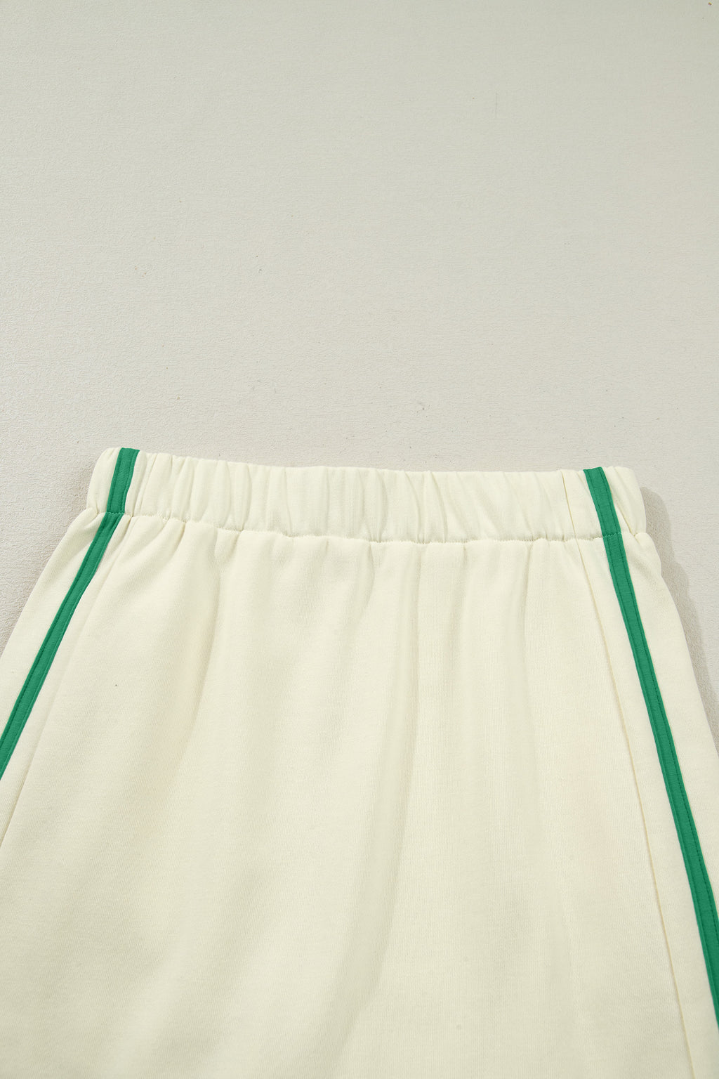 Beige Ribbed Colorblock Trim V Neck Sporty Pullover Mini Skort 2pcs Athleisure Set