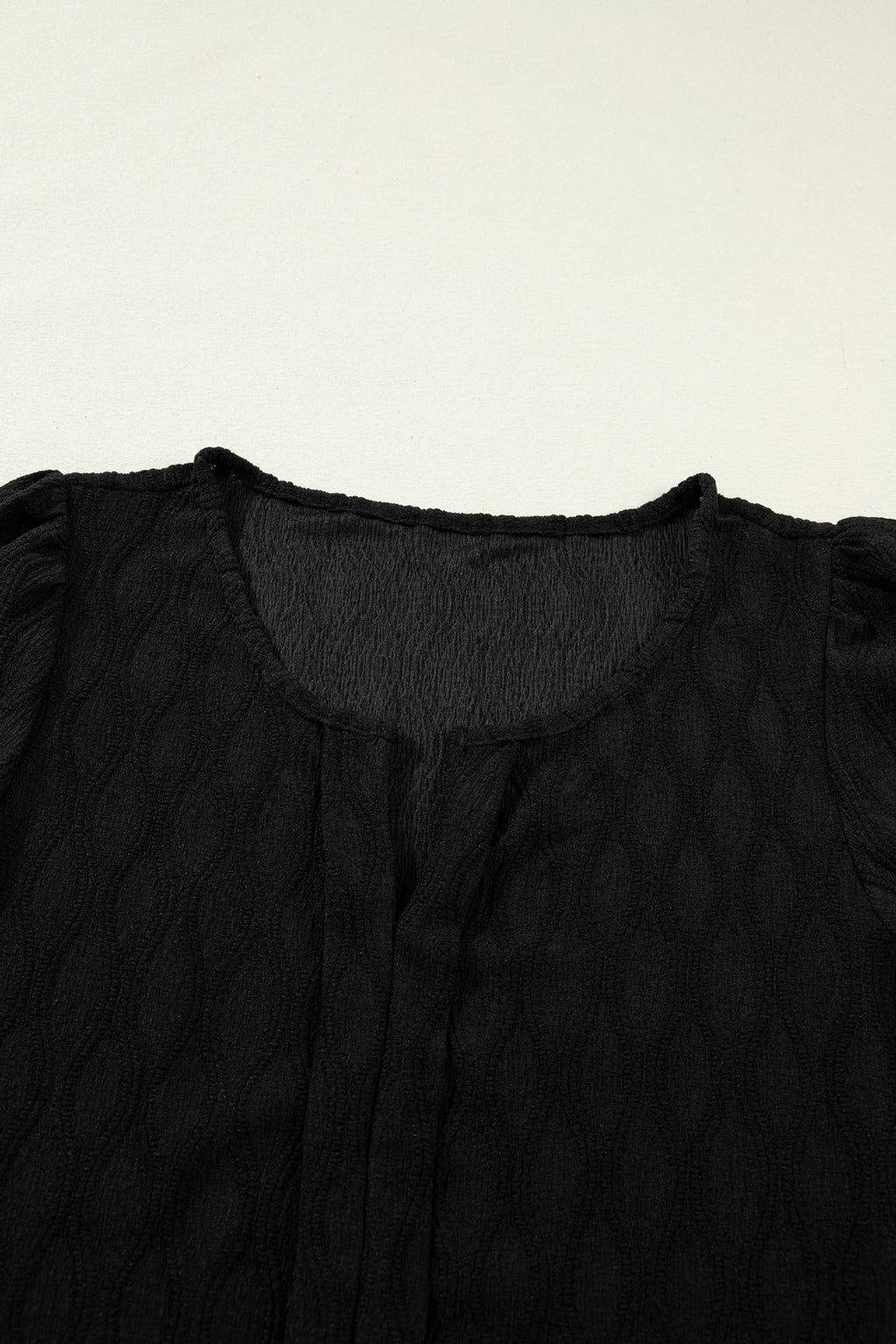 Beau Blue Solid Color Textured Notched Neck Puff Sleeve Blouse