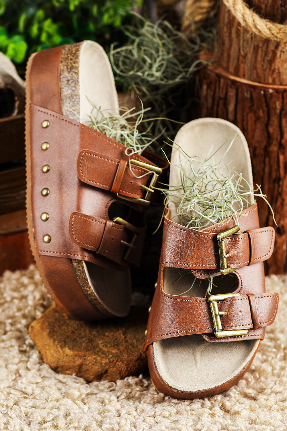 Chestnut Suede Buckle Decor Footbed Sandal Slippers