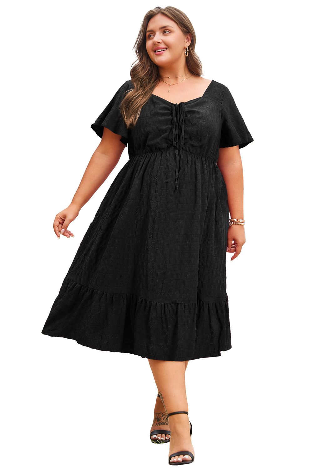 Red Plus Size Short Sleeve Lace-up High Waist Midi Dress