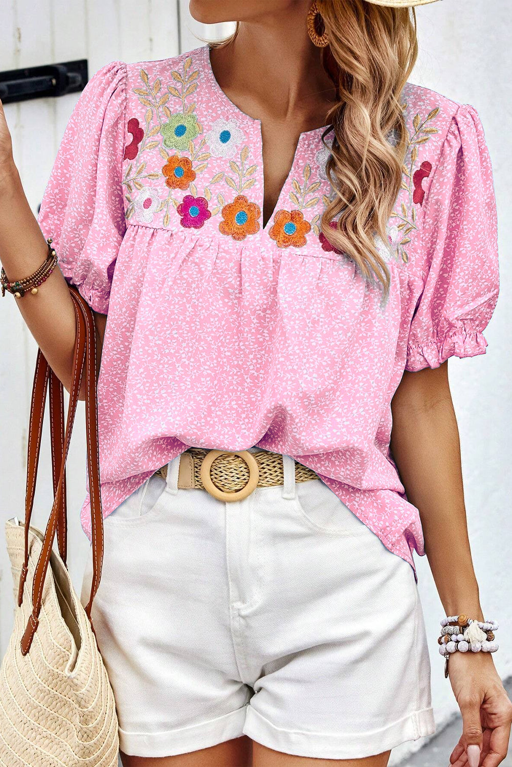 Sky Blue Floral Embroidered Puff Sleeve Notched V Neck Blouse