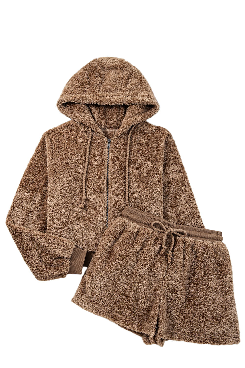 Parchment Zip Up Hoodie Drawstring Shorts Sherpa 2pcs Outfit
