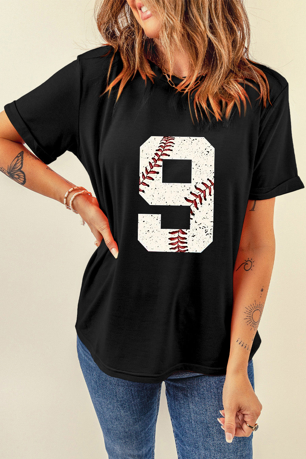 Black Number 9 Distressed Baseball Pattern Oversize Tee