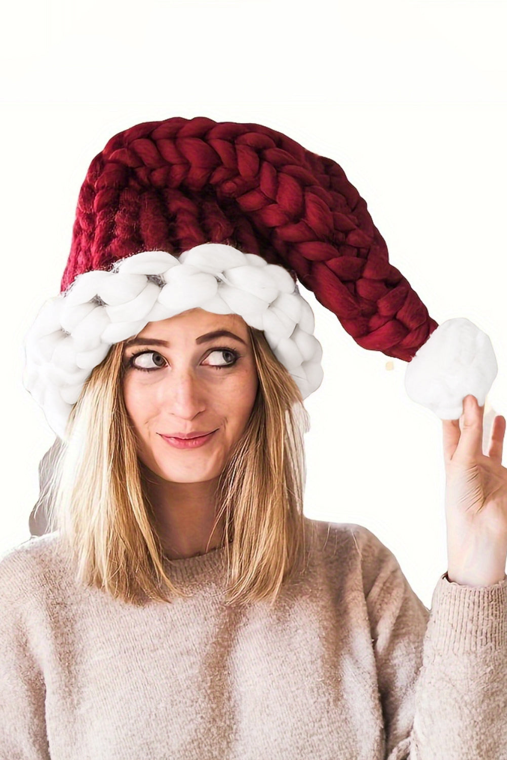 Dearlove Red Dahlia Color Block Pom Pom Decor Chunky Knitted Christmas Hat