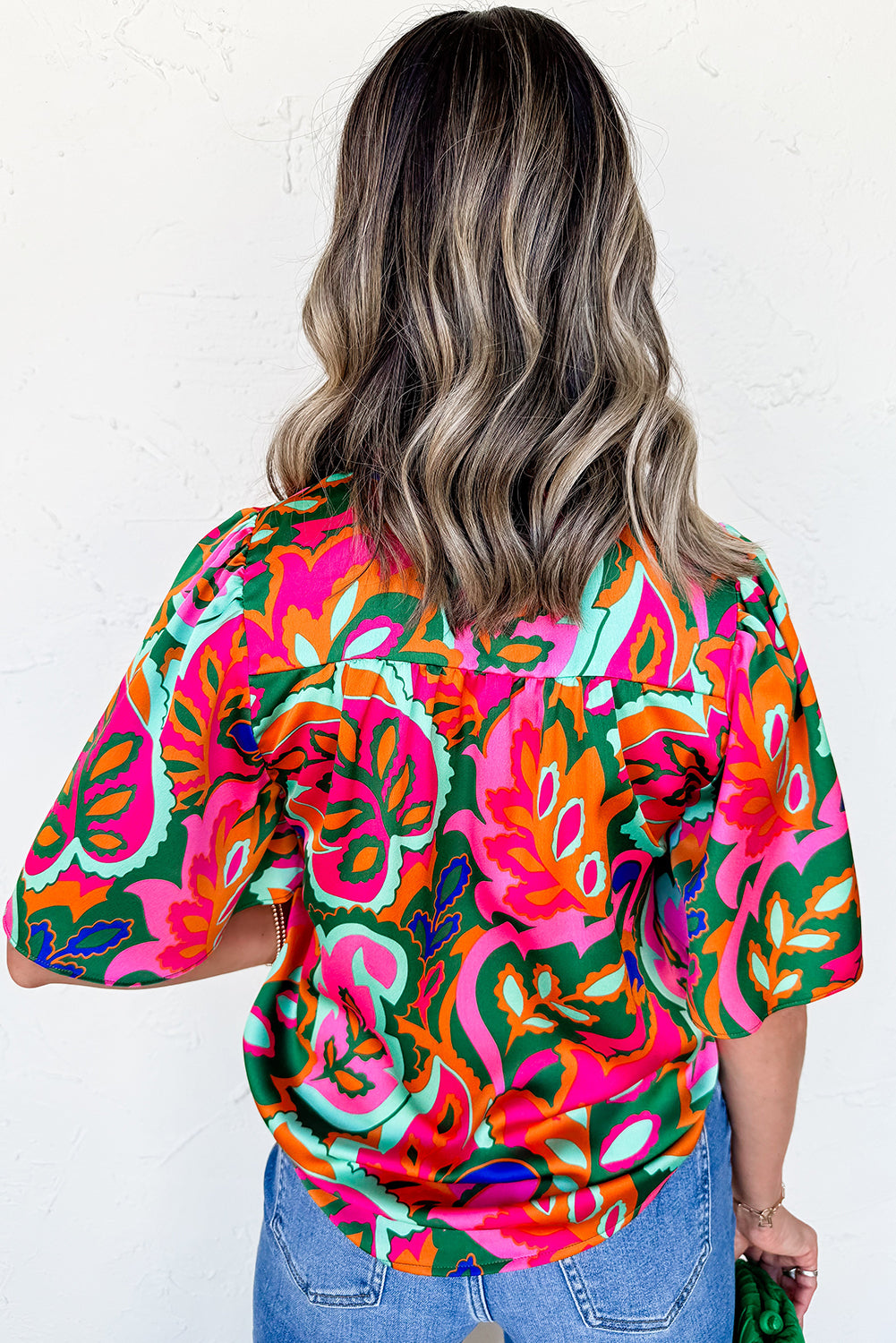 Rose Summer Plant Print Lace up V Neck Short Sleeve Blouse