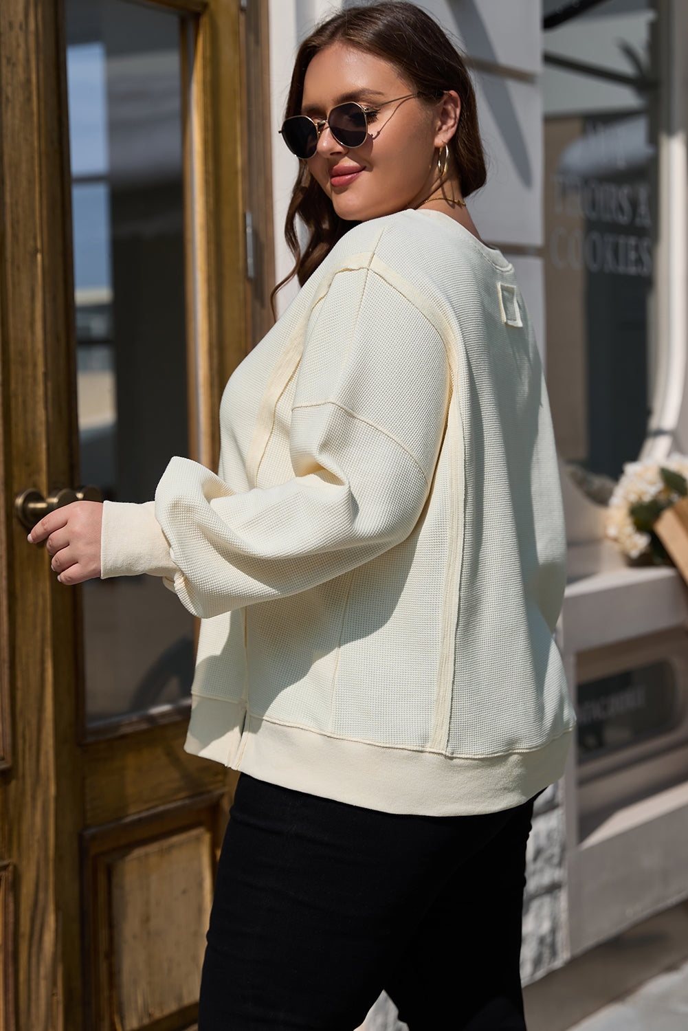 White Waffle knit Bishop Sleeve Split Oversized Top