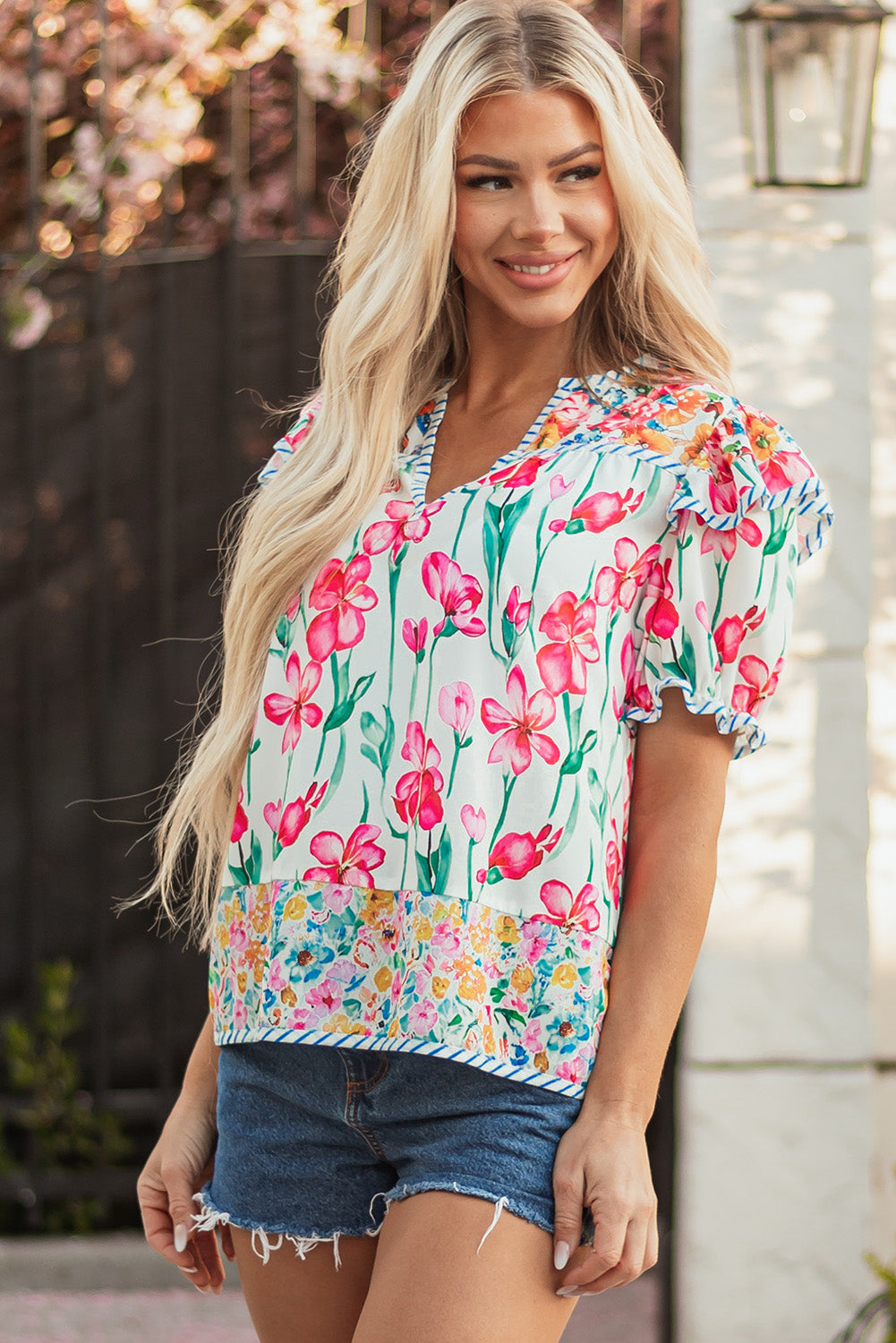 Pink Plus Size Floral Print Striped Trim V Neck Blouse