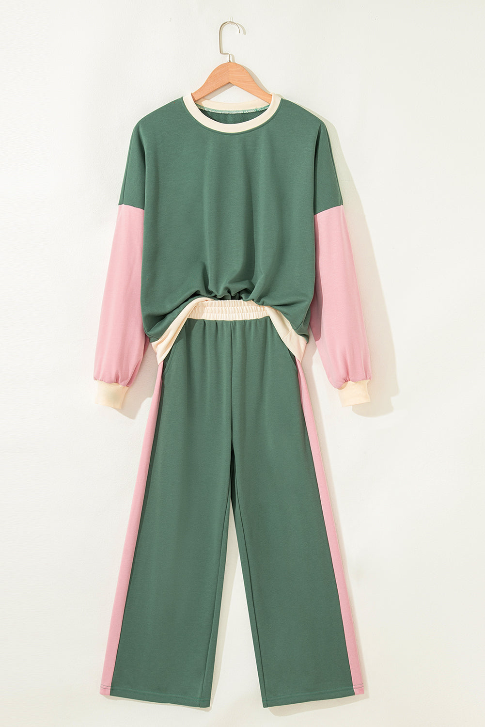 Apricot 2pcs Color Block Pullover Loose Pant Set