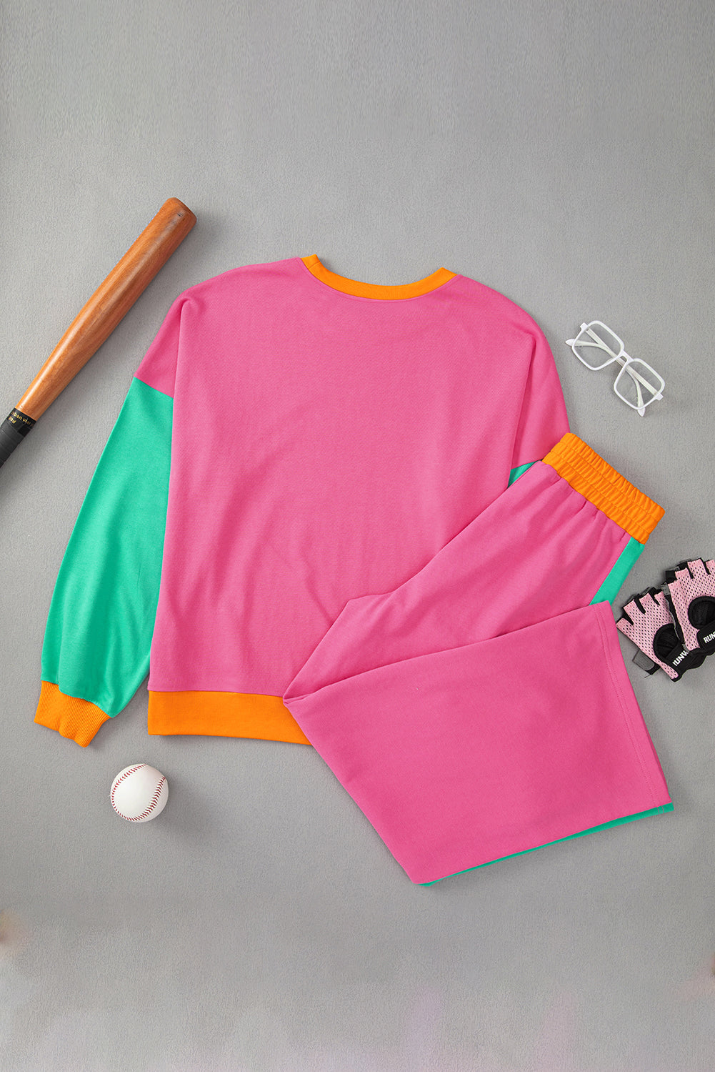 Apricot 2pcs Color Block Pullover Loose Pant Set