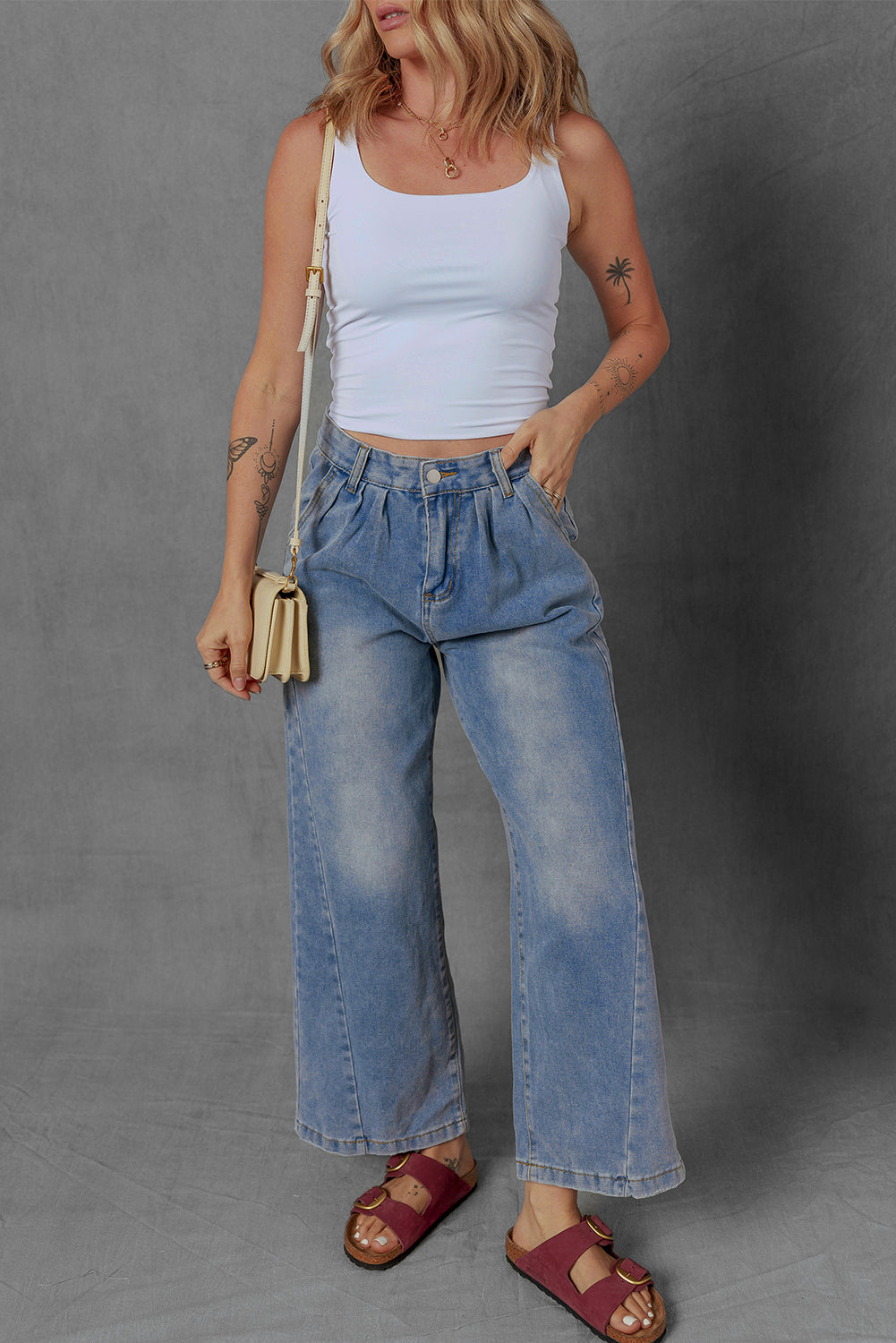 Ashleigh Blue Washed Pleated Detail Wide Leg Jeans