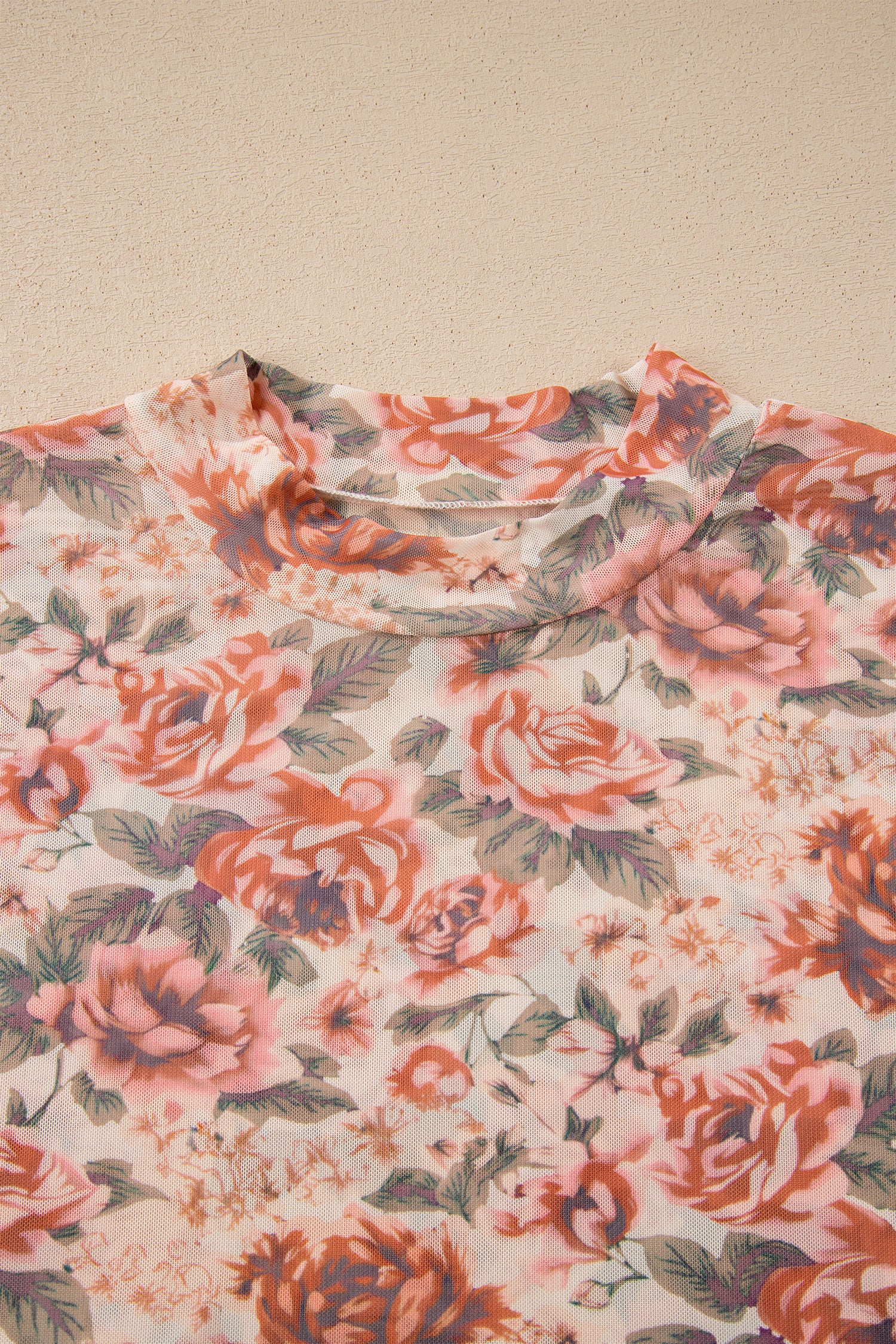 White Retro Floral Print Mock Neck Mesh Long Sleeve Top