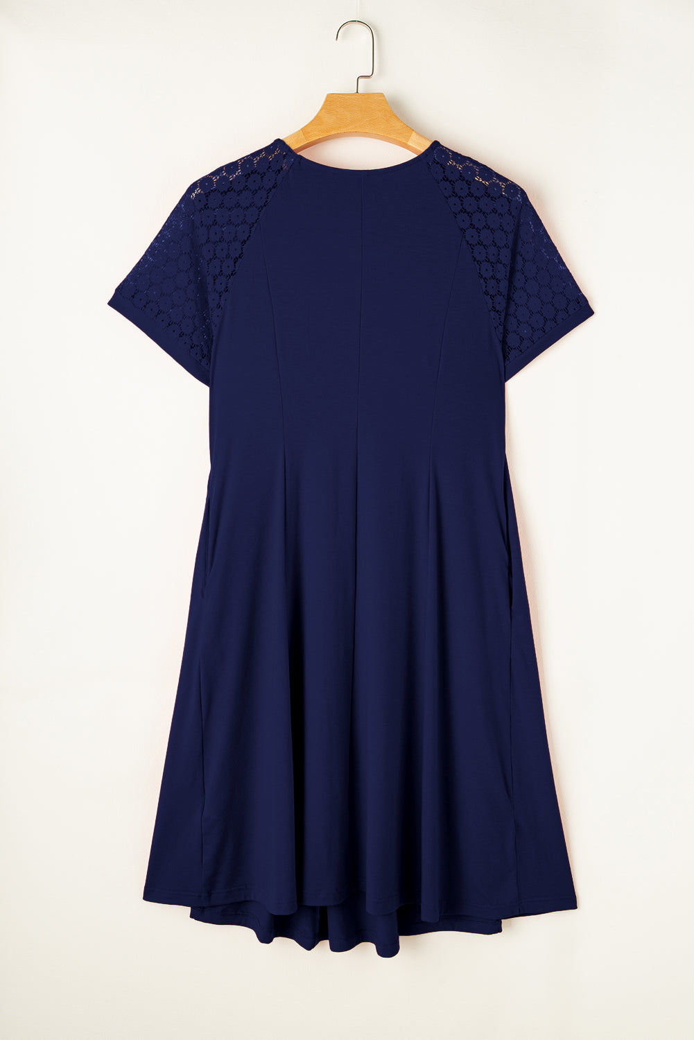 Light Pink Plus Size Solid Color Lace Short Sleeve Pleated Swing Dress