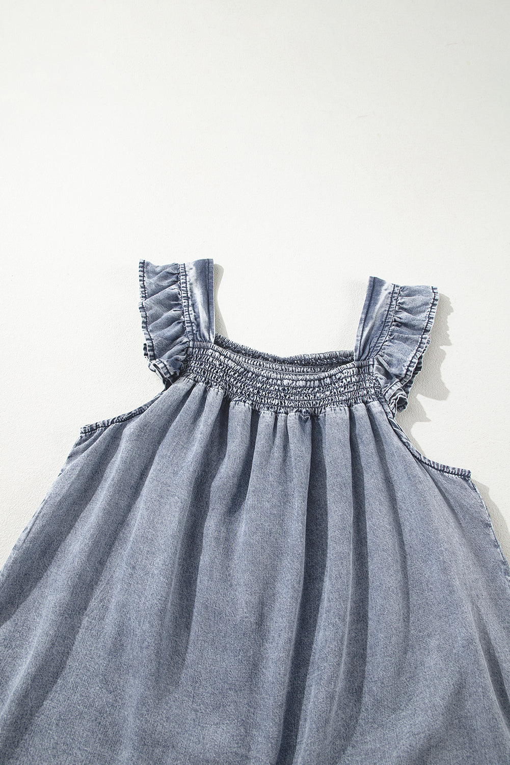 Ashleigh Blue Ruffled Shirred Neckline Sleeveless Denim Tank Top