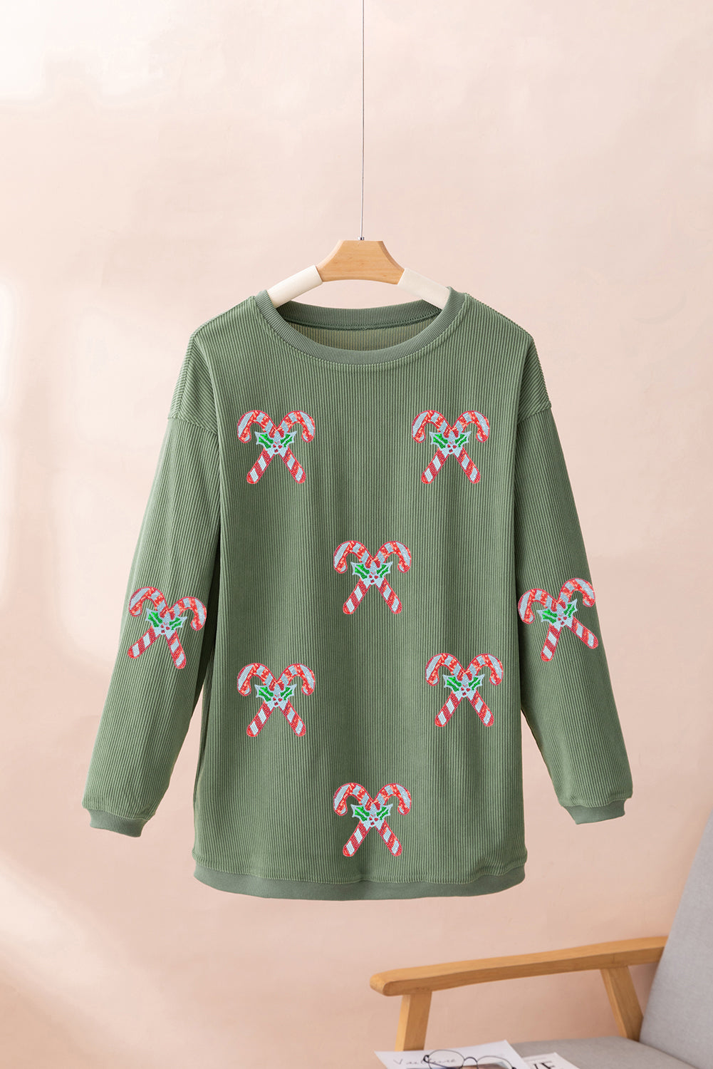 Grass Green Candy Cane Shimmer Patched Corded Baggy Sweatshirt