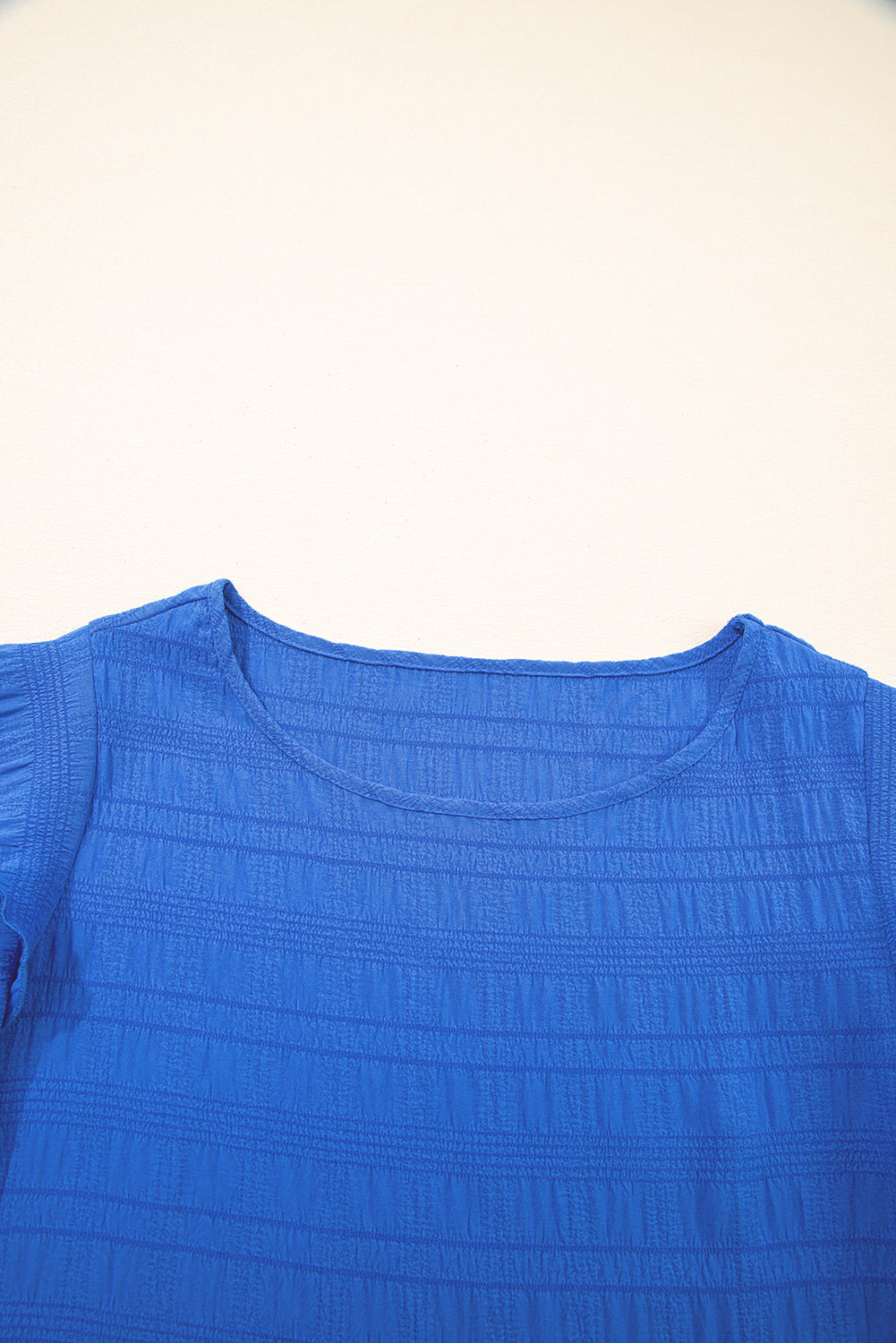 Dark Green Textured Ruffled Sleeve Round Neck Top
