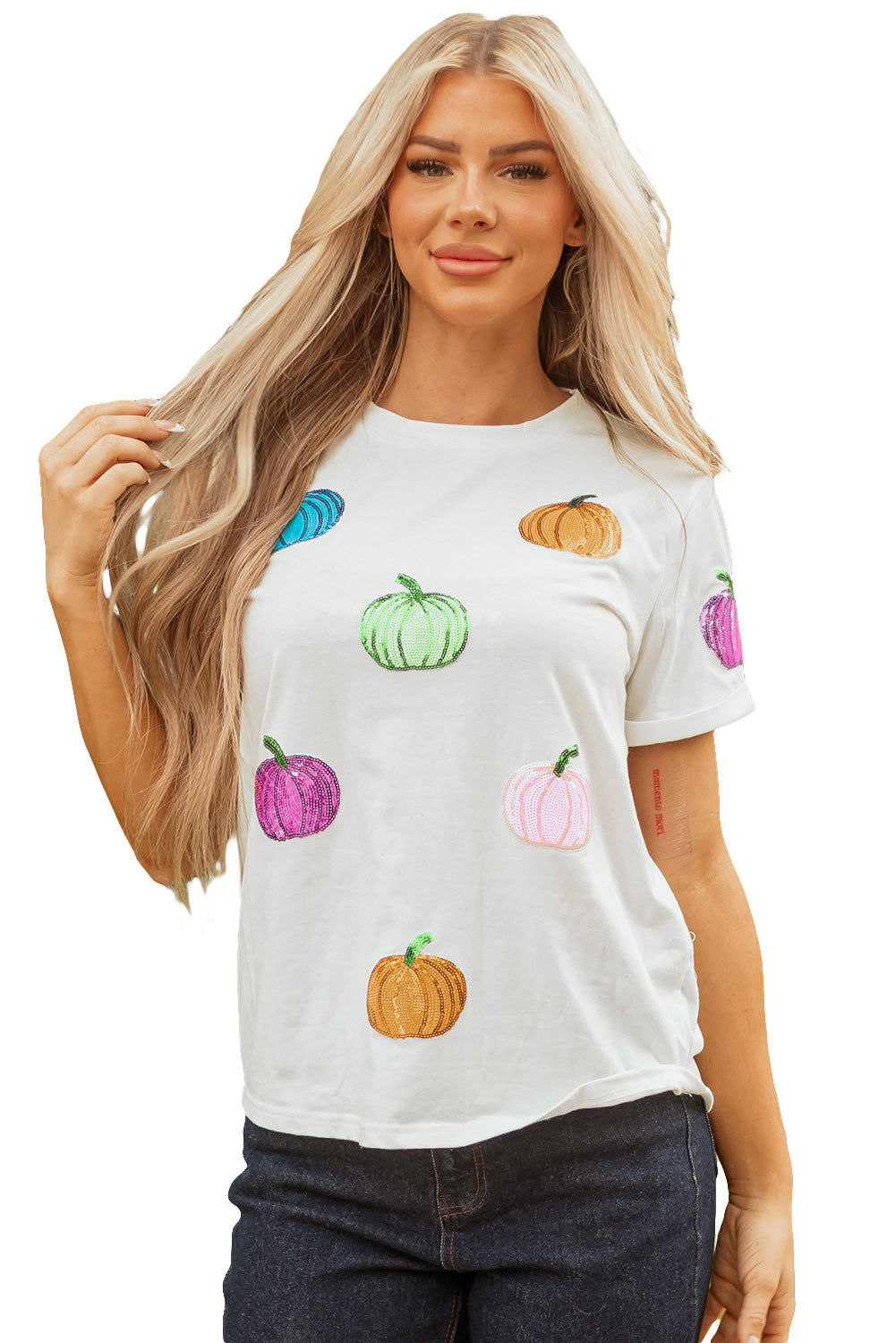 White Colorful Pumpkin Sequin Patched Drop Shoulder Sweatshirt