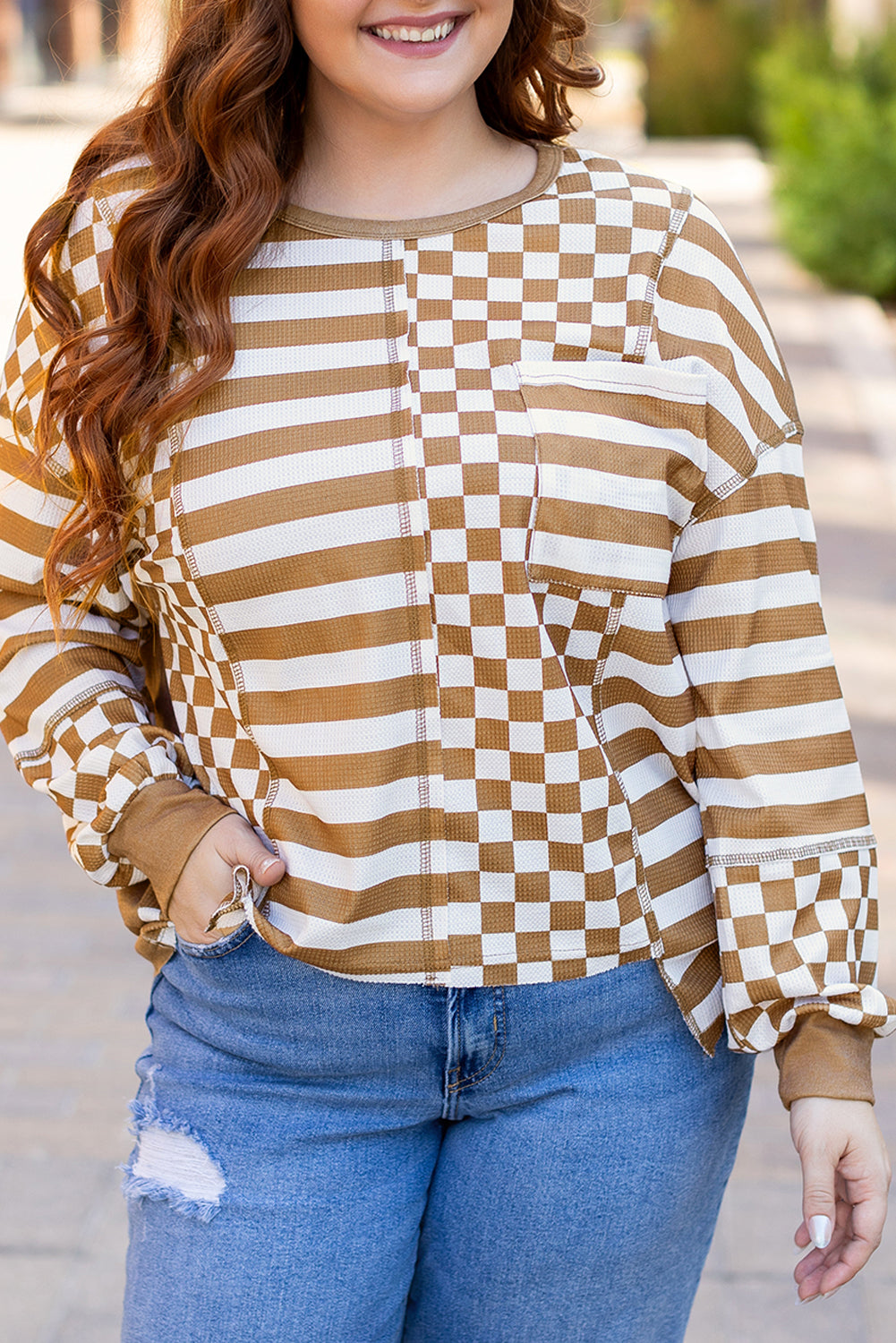 Khaki Checkerboard Striped Patchwork Lantern Sleeve Pocketed Blouse