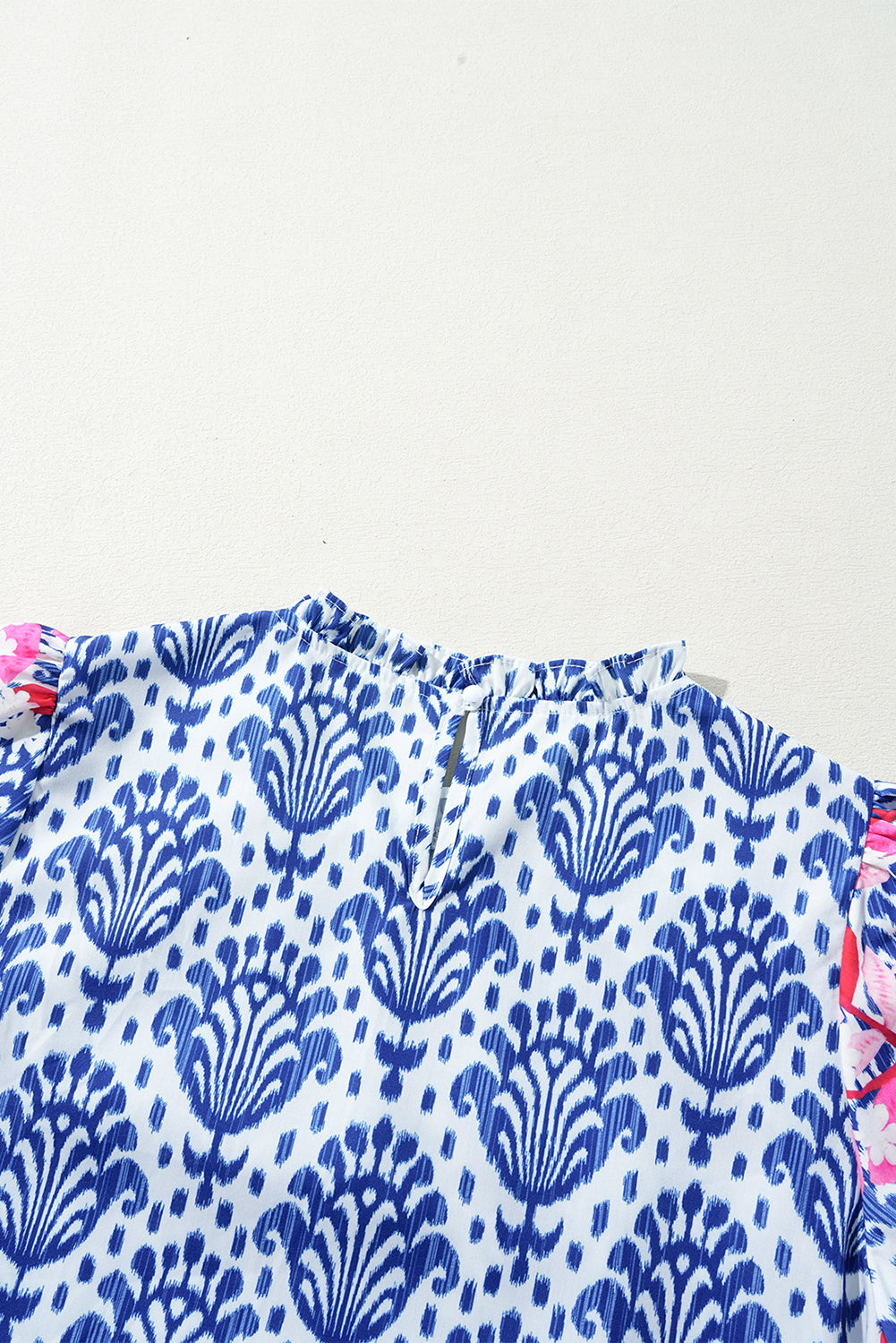 Blue Western Fashion Print Floral Puff Sleeve Frilled Neck Blouse