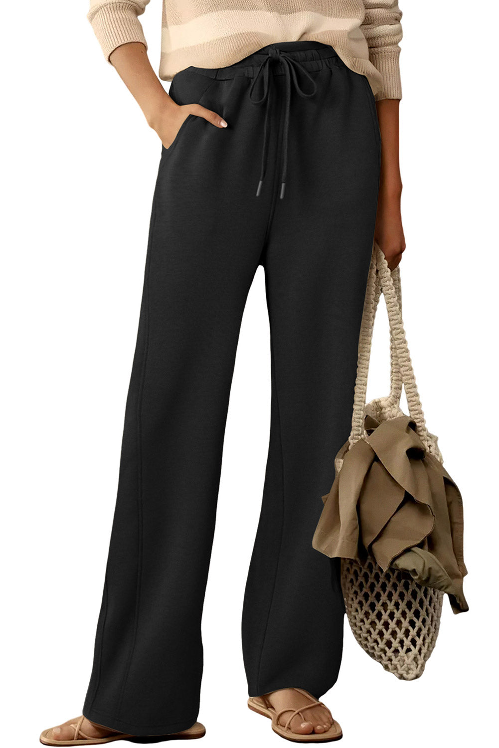 Black Scuba Drawstring Elastic Waistband Solid Color Sweatpants