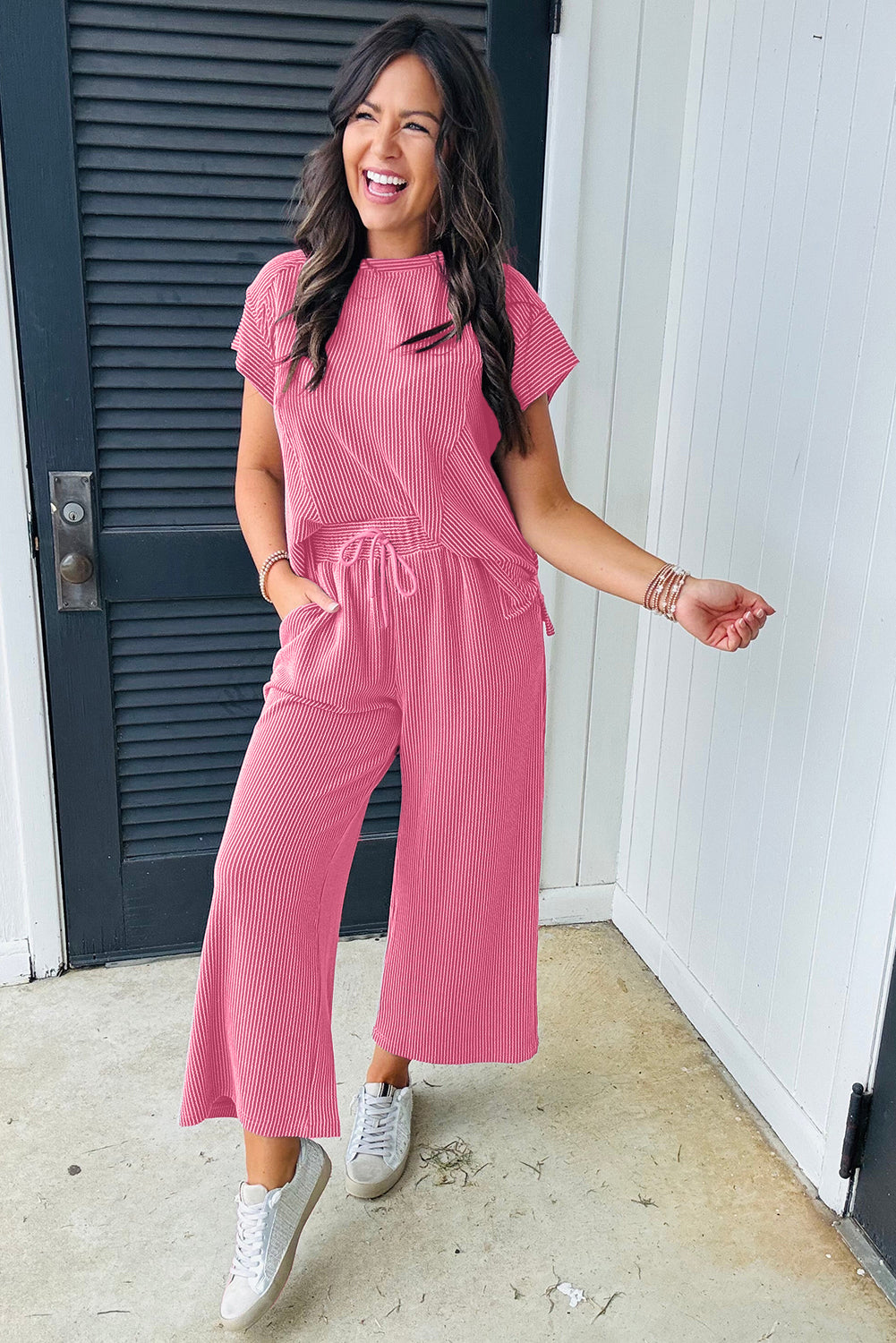 Blue Solid Corded Knit Short Sleeve T Shirt and Wide Leg Pants Set