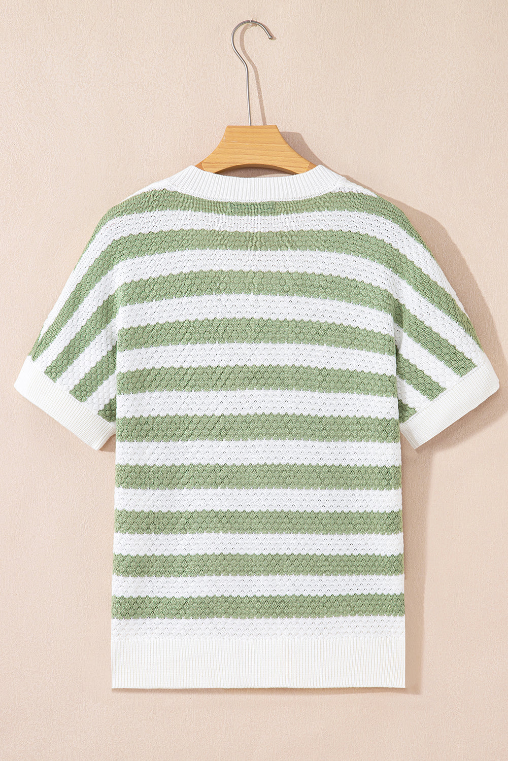Rose Stripe V Neck Short Sleeve Sweater with Side Slits