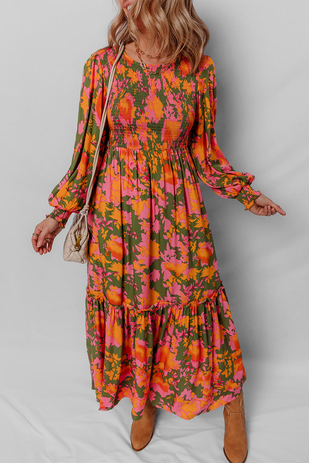Multicolour Floral Print Long Sleeve Smocked Ruffled Mini Dress