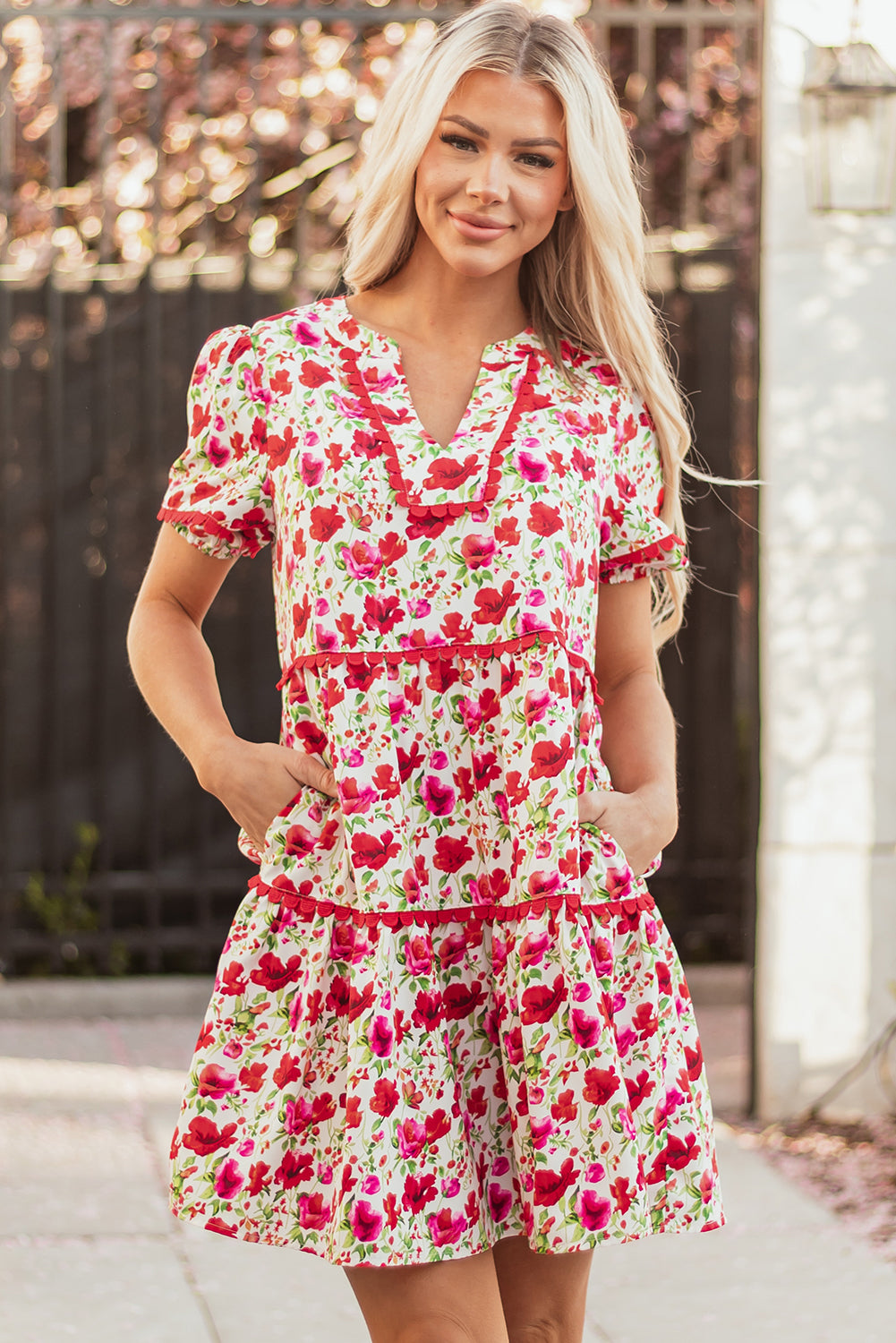 Red Floral Print Striped Patchwork Collared Short Sleeve Blouse