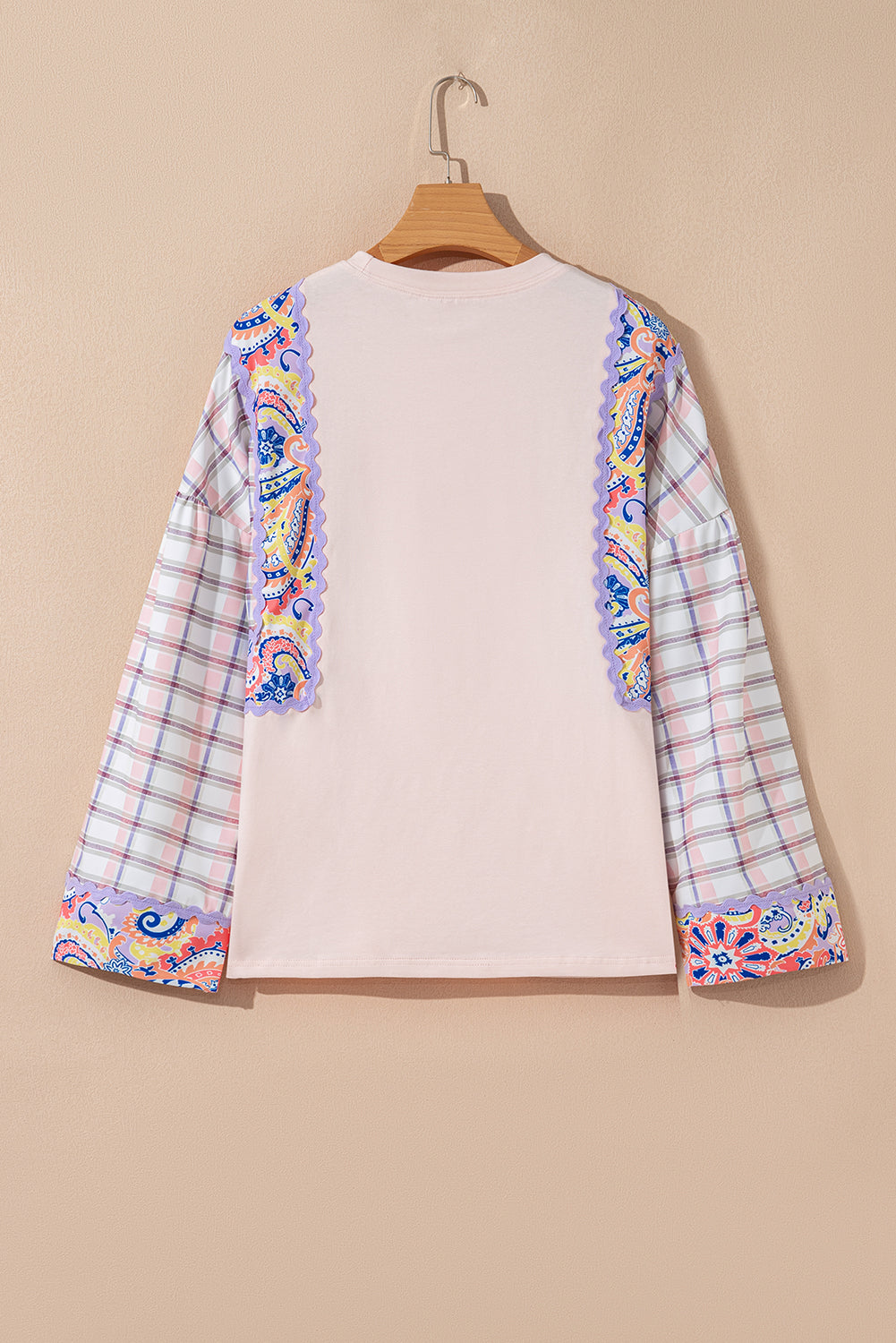Delicacy Ricrac Trim Floral Plaid Patchwork Puff Sleeve Blouse