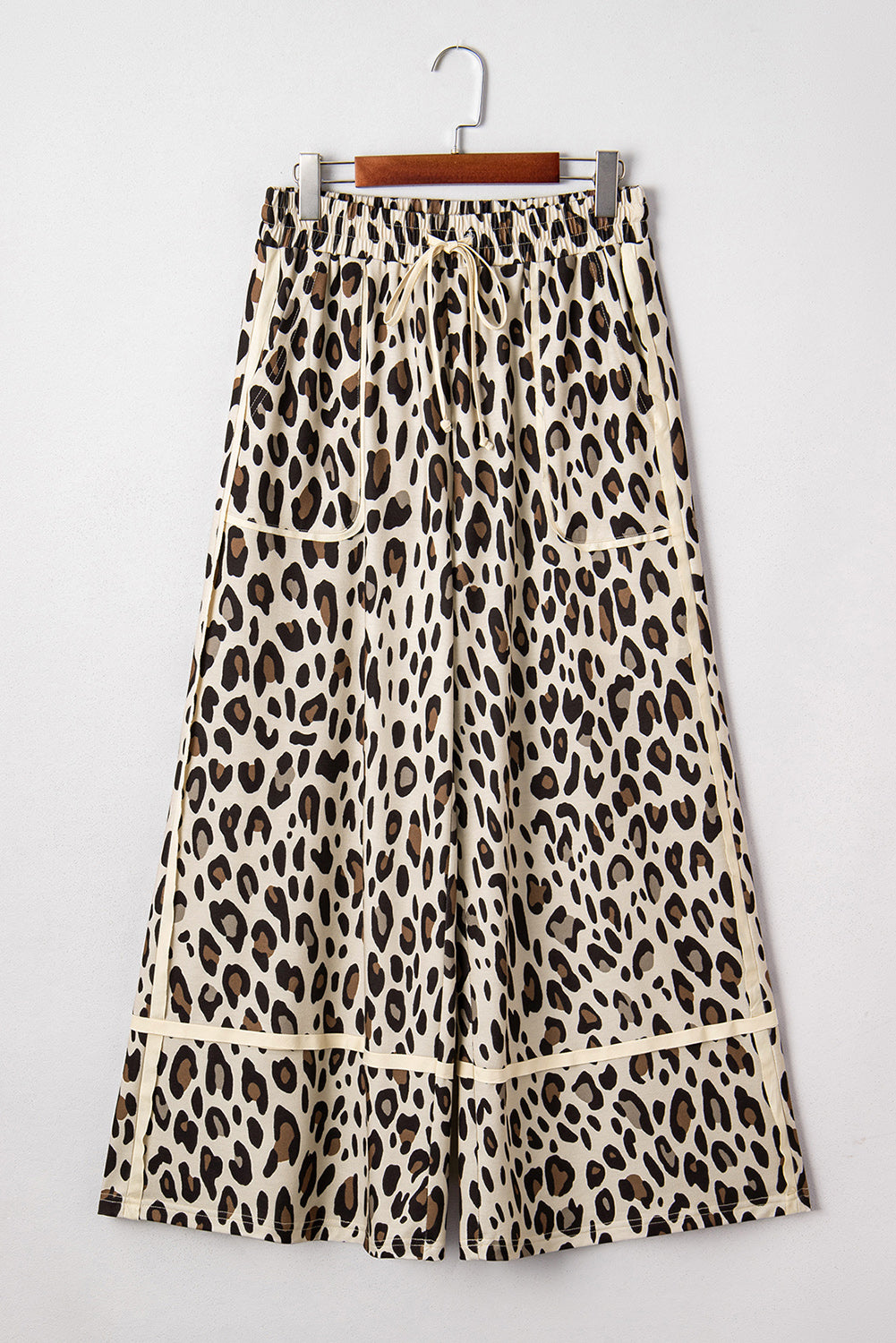 Khaki Exposed Seam Patched Pocket Plus Size Drawstring Leopard Wide Leg Pants