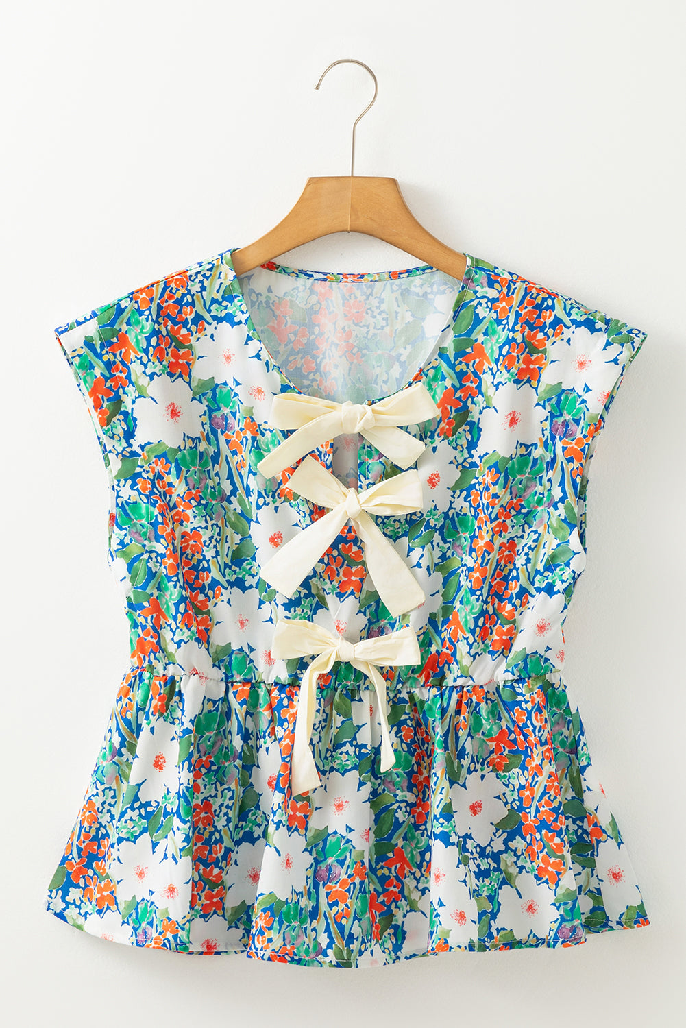Rose Green Floral Print Bow Applique Slit Sleeveless Peplum Blouse