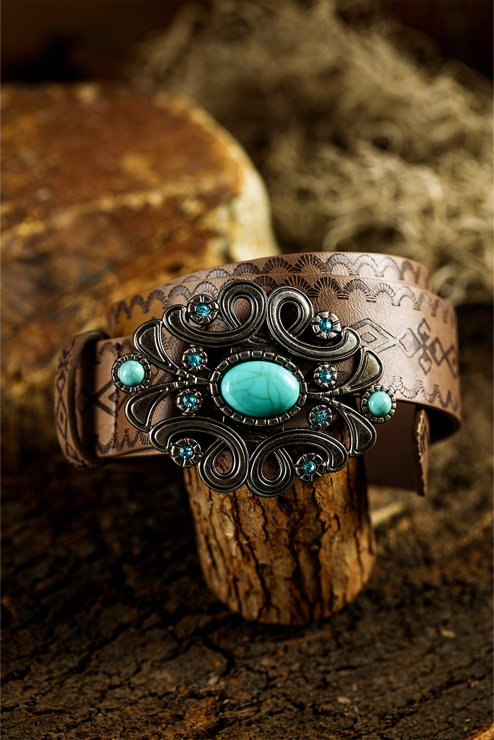 Chestnut Western Floral PU Leather Turquoise Metal Hardware Waist Belt